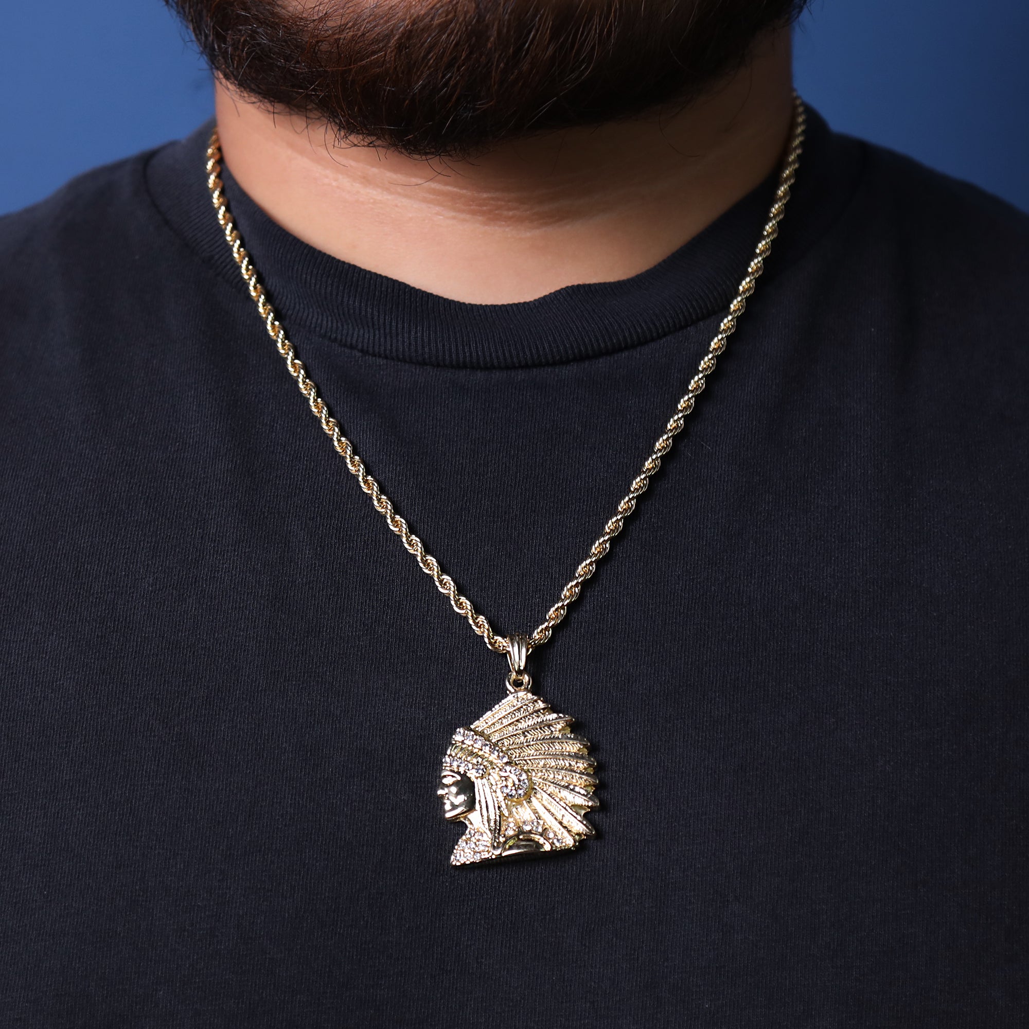 Chief Indian Head Pendant 24" Rope Chain Hip Hop Style 18k Gold Plated Necklace