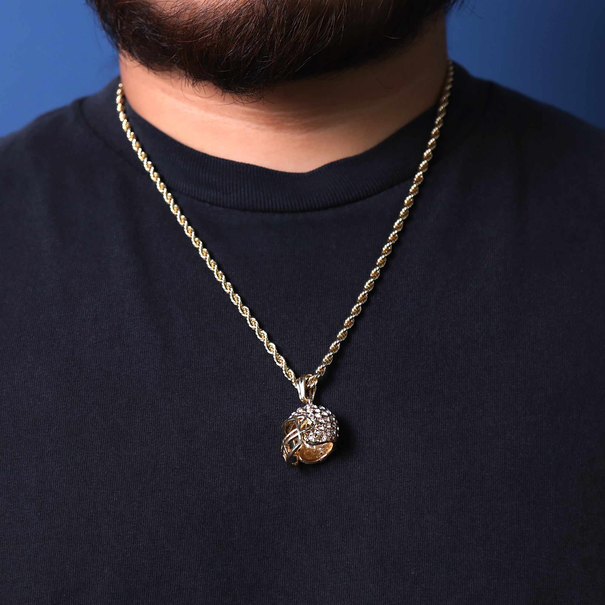 Football Helmet Pendant 24" Rope Chain Hip Hop Style 18k Gold Plated