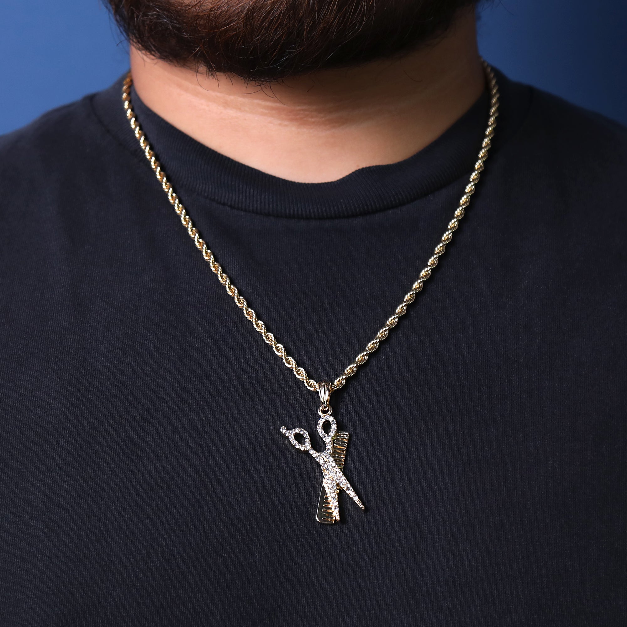 Scissors & Hair Comb Cz Pendant 24" Rope Chain Hip Hop Style 18k Gold Plated