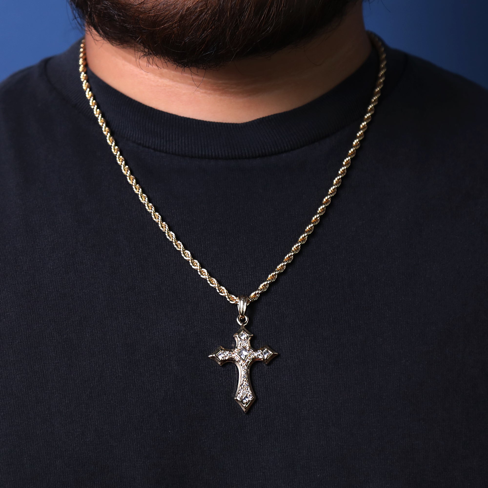 Sharp Edge Cross Pendant 24" Rope Chain Hip Hop Style 18k Gold Plated