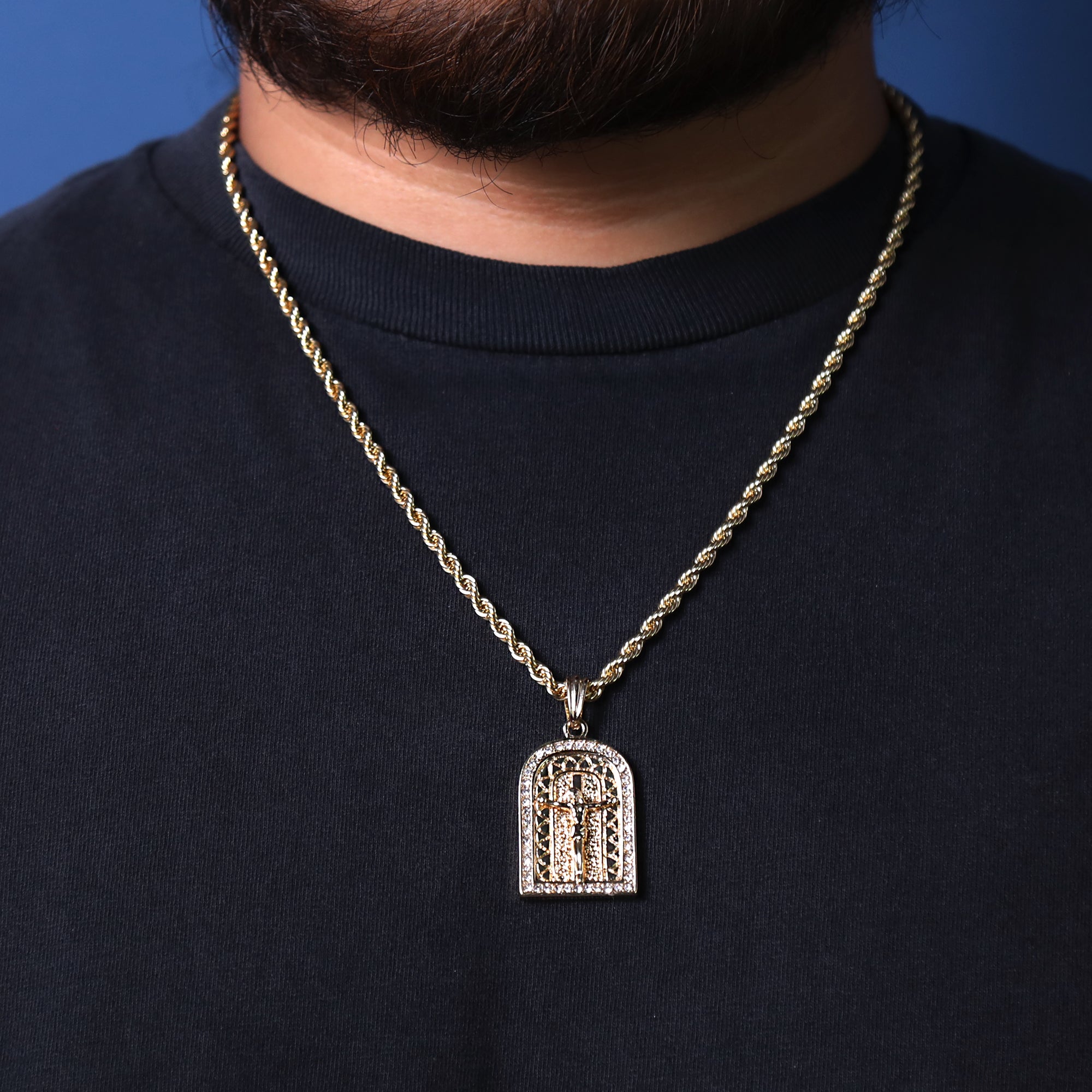 Jesus Crucifix Temple Cz Pendant 24" Rope Chain Hip Hop Style 18k Gold Plated