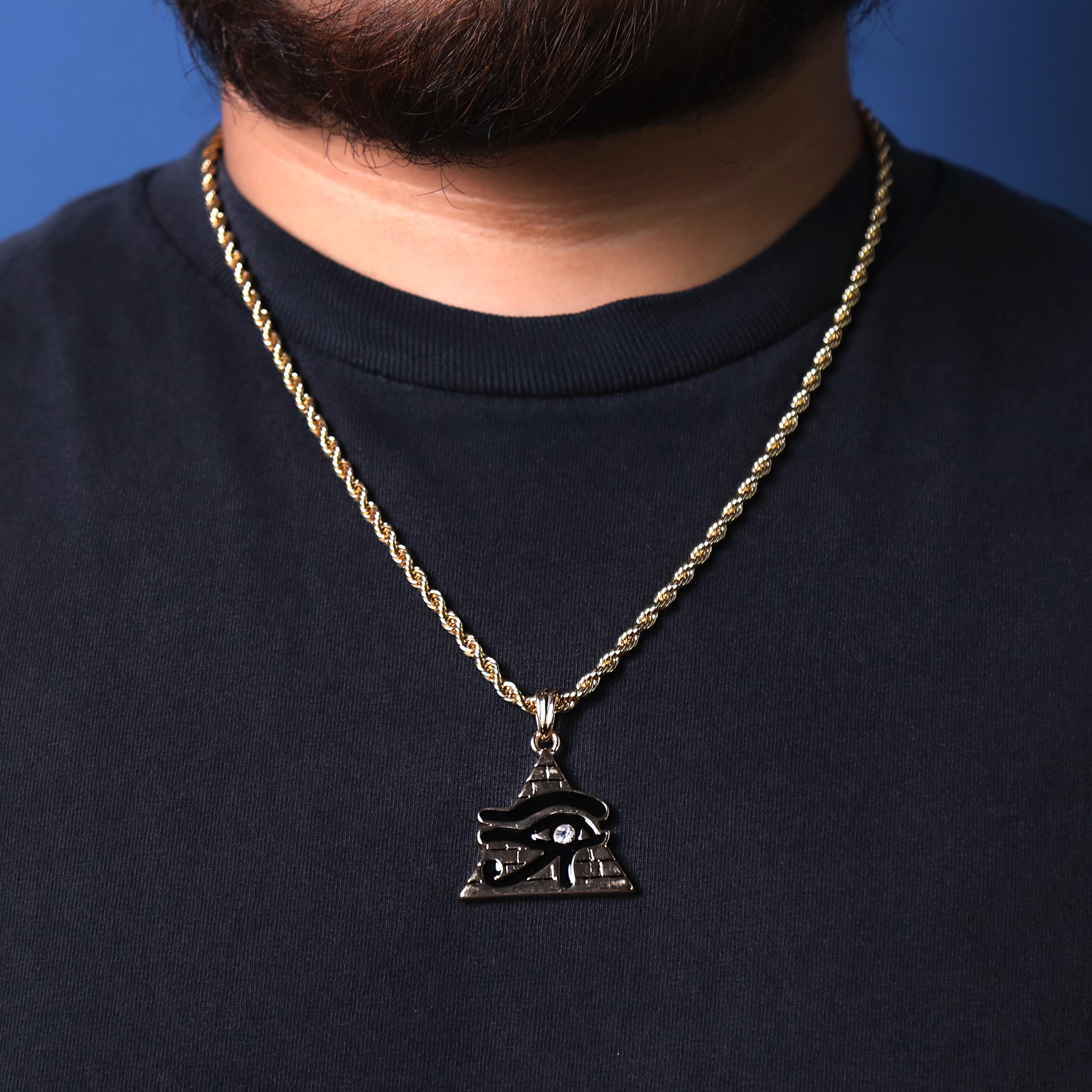 Eye Of Rah Pyramided Pendant 24" Rope Chain Hip Hop Style 18k Gold Plated