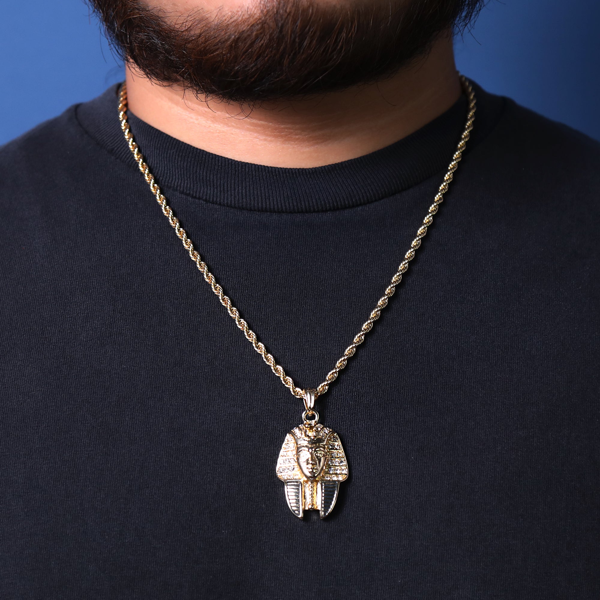Egyptian Pharaoh King Pendant 24" Rope Chain Hip Hop Style 18k Gold Plated