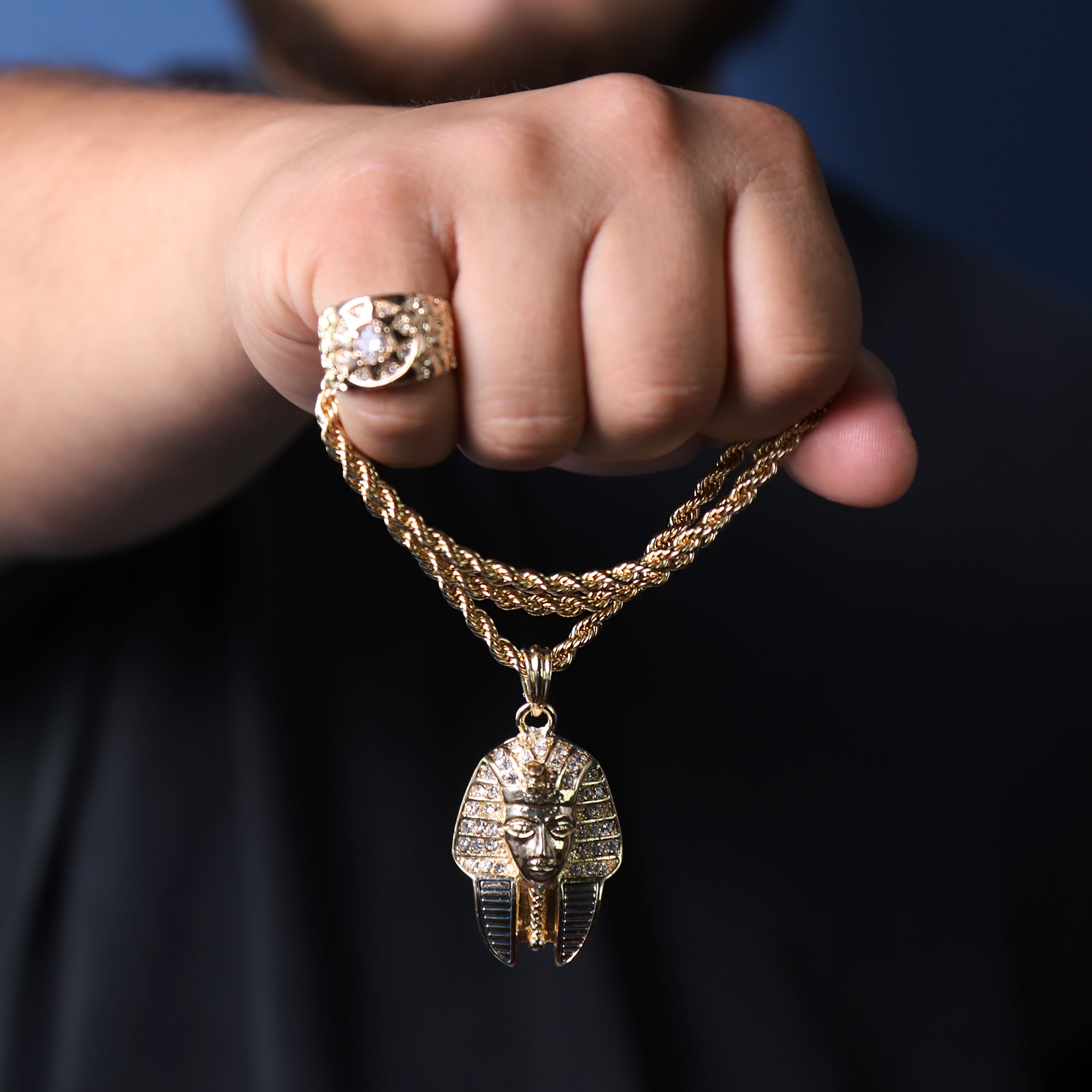 Egyptian Pharaoh King Pendant 24" Rope Chain Hip Hop Style 18k Gold Plated