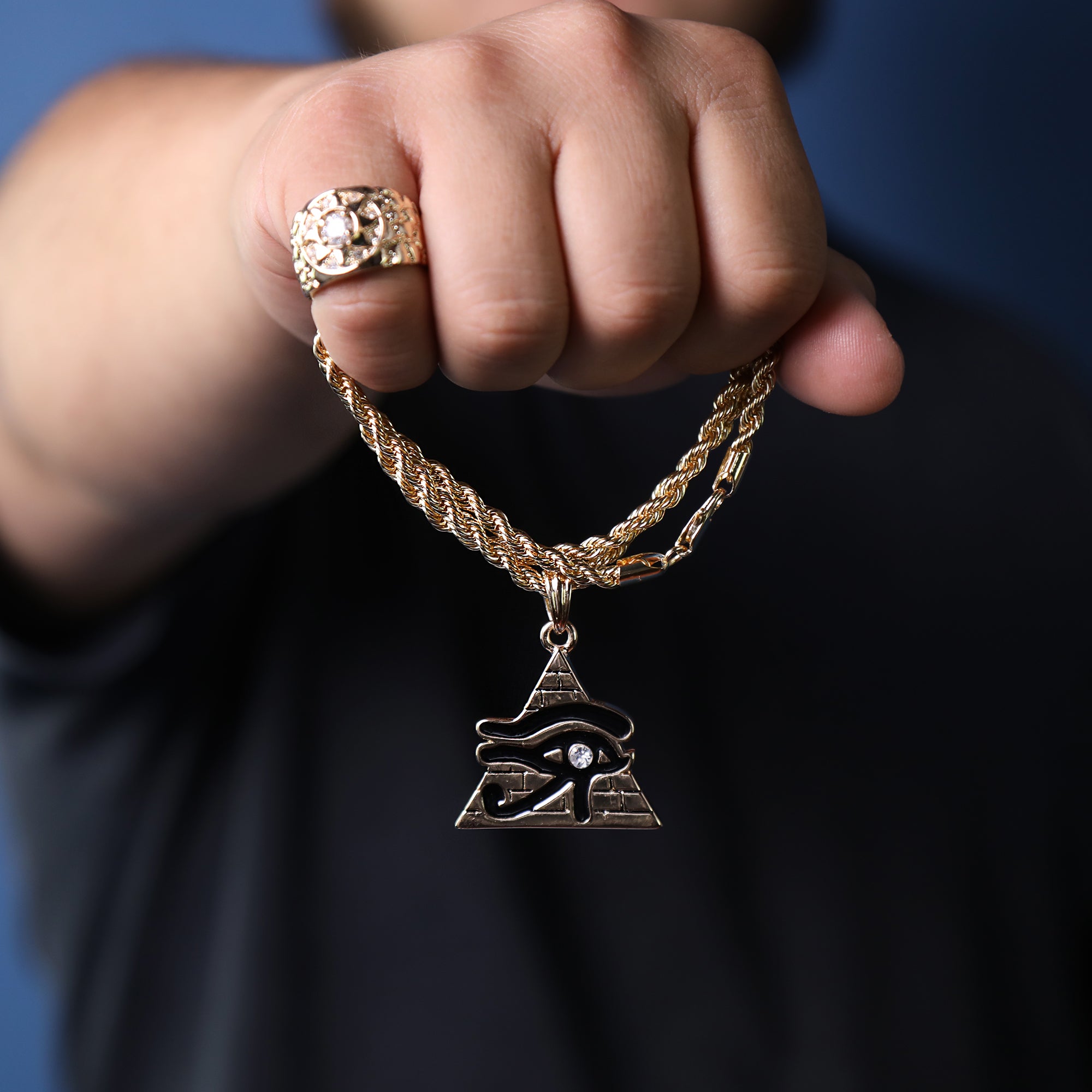 Eye Of Rah Pyramided Pendant 24" Rope Chain Hip Hop Style 18k Gold Plated