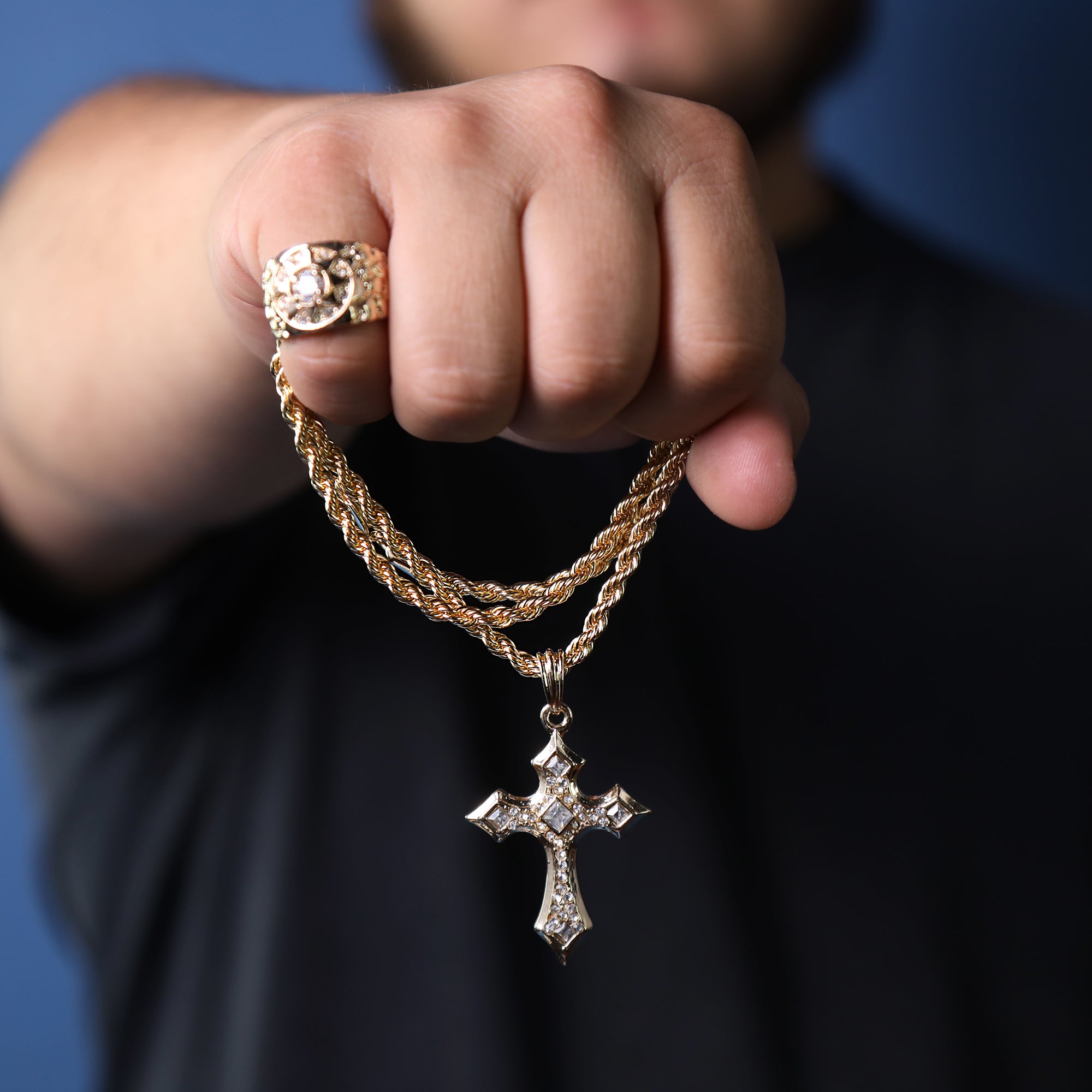 Sharp Edge Cross Pendant 24" Rope Chain Hip Hop Style 18k Gold Plated