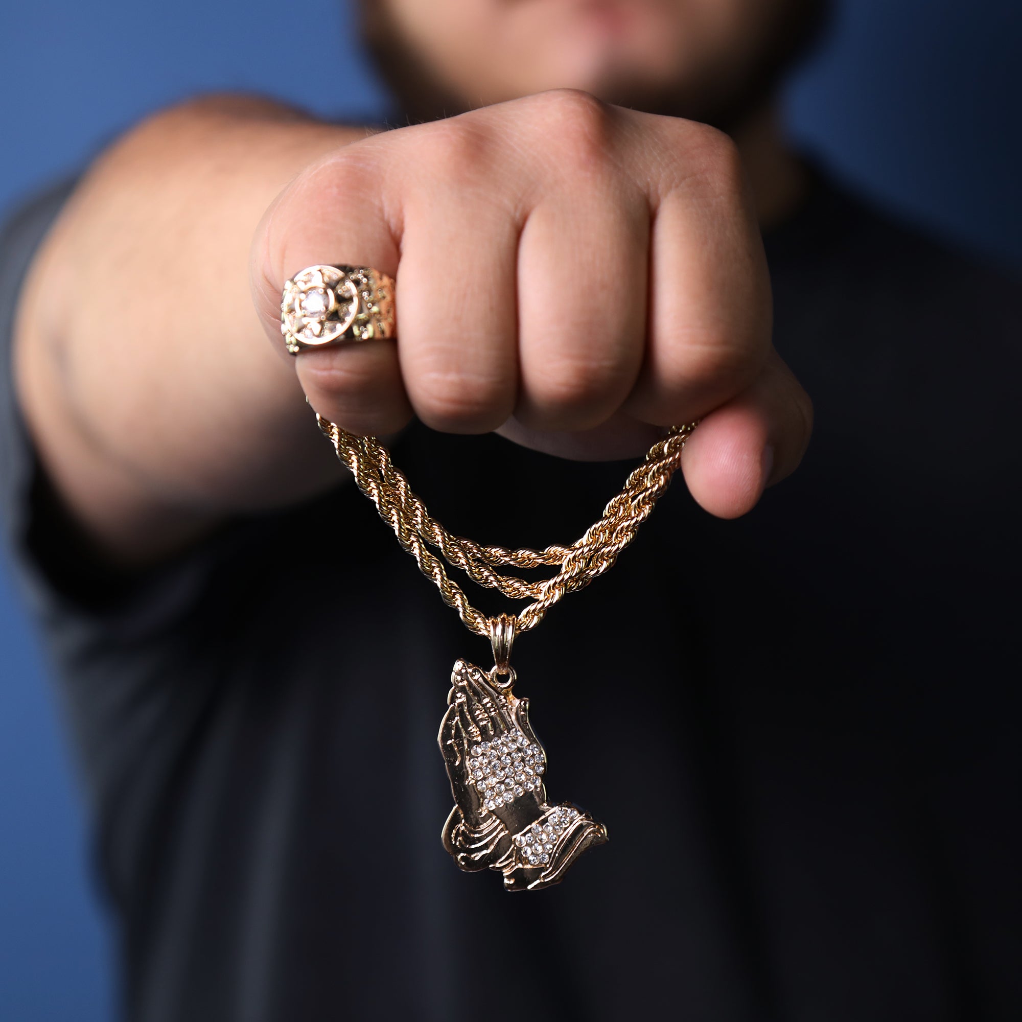 Prayer Hand Cz Pendant 24" Rope Chain Hip Hop Style 18k Gold Plated