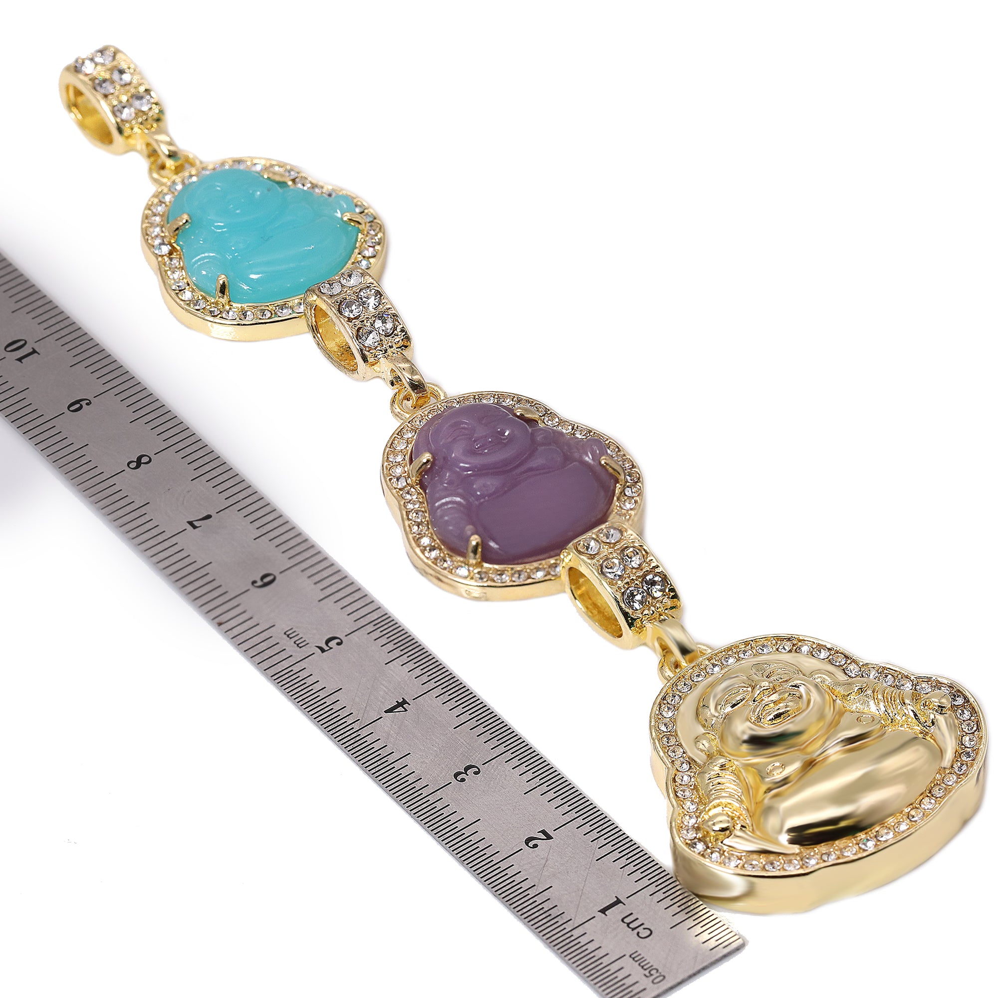 14k Gold Plated Light Blue, Light Purple Buddha 3 Pendant Cubic-Zirconia 30 30 24 Cuban Chain