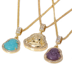 14k Gold Plated Light Blue, Light Purple Buddha 3 Pendant Cubic-Zirconia 30 30 24 Cuban Chain