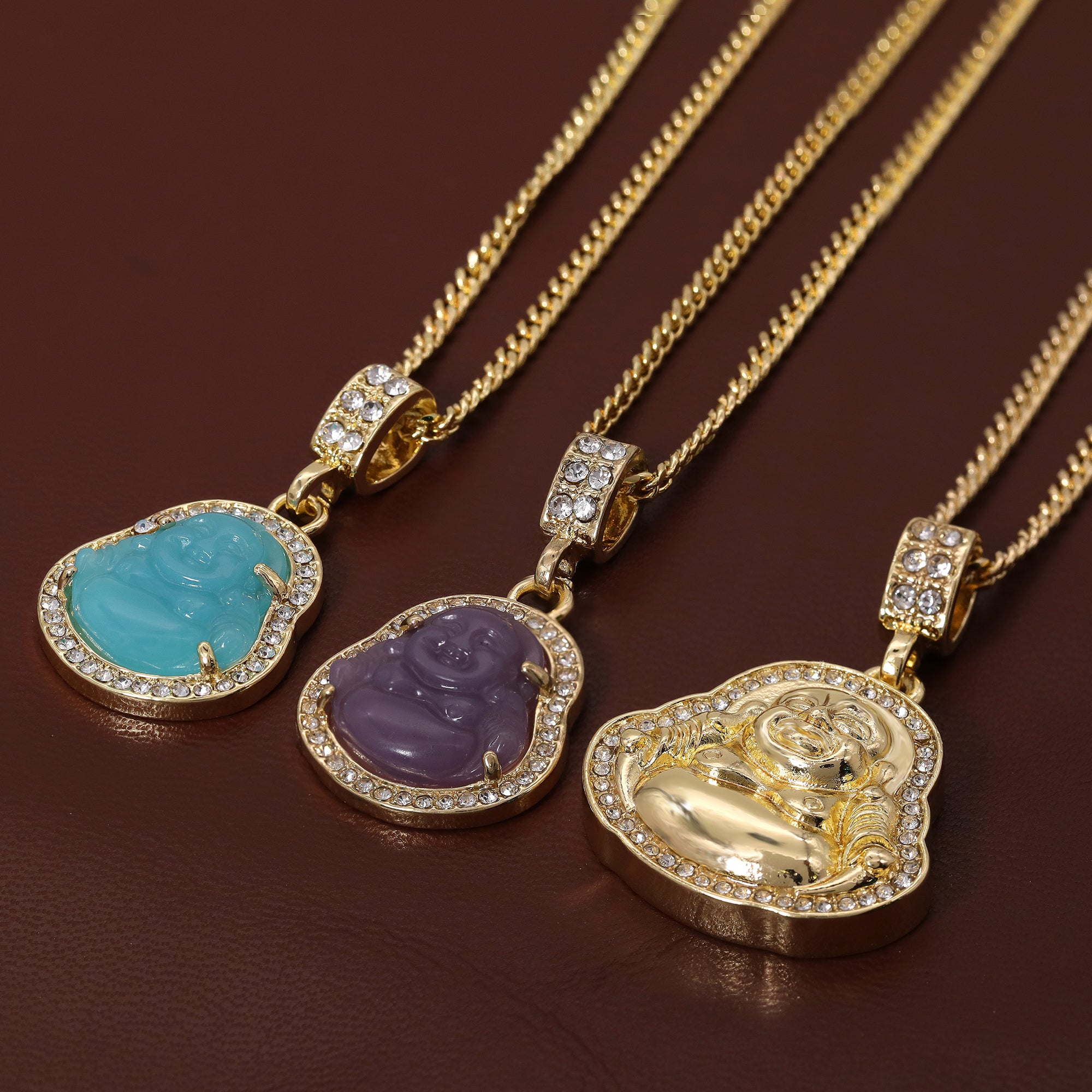 14k Gold Plated Light Blue, Light Purple Buddha 3 Pendant Cubic-Zirconia 30 30 24 Cuban Chain