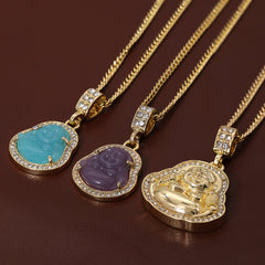14k Gold Plated Light Blue, Light Purple Buddha 3 Pendant Cubic-Zirconia 30 30 24 Cuban Chain