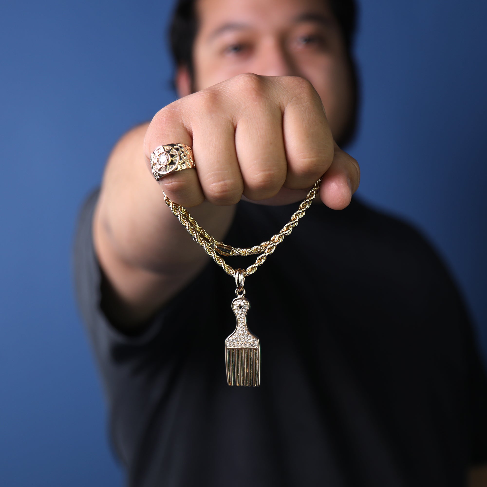 Afro Pick Cz Pendant 24" Rope Chain Hip Hop Style 18k Gold Plated