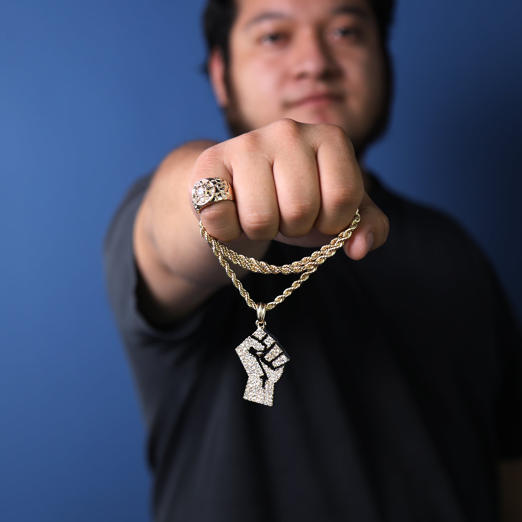 United Fist Pendant 18K 24" Rope Chain Hip Hop Jewelry