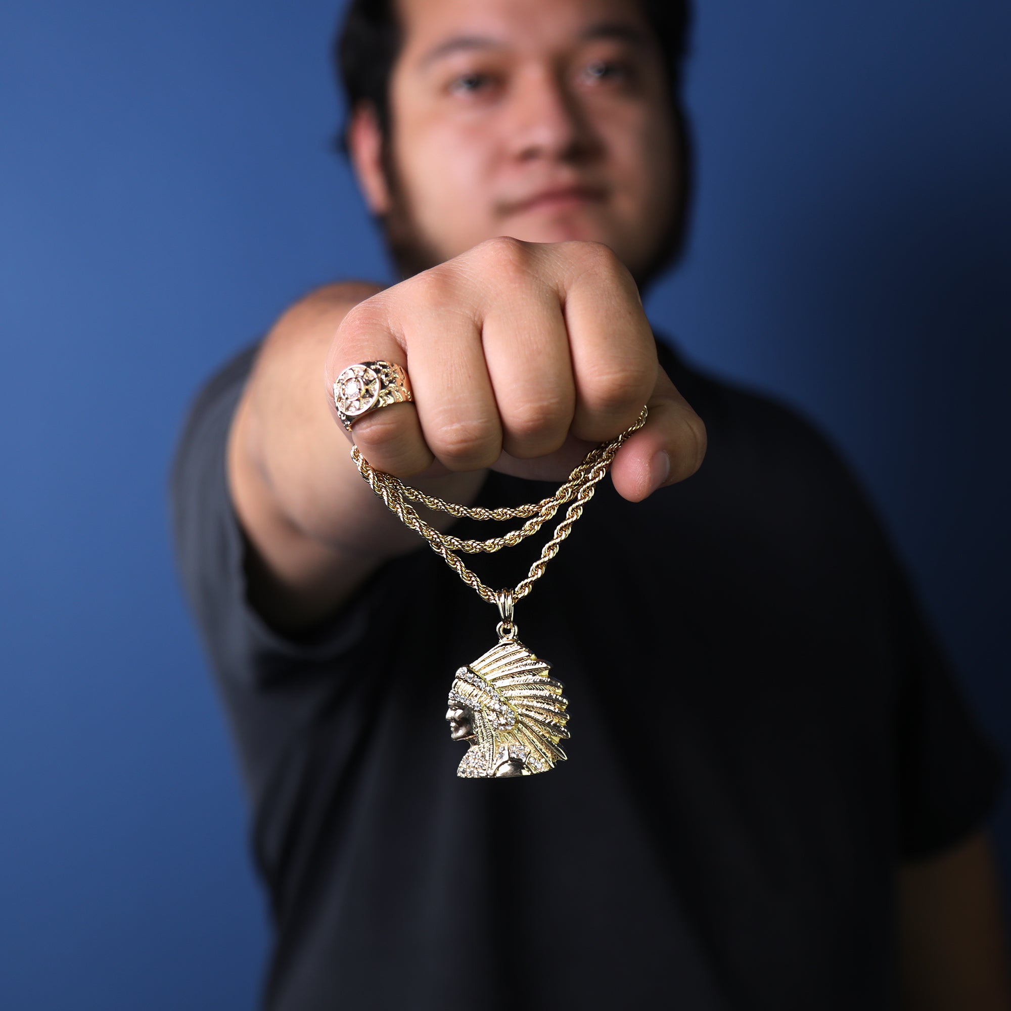 Chief Indian Head Pendant 24" Rope Chain Hip Hop Style 18k Gold Plated Necklace