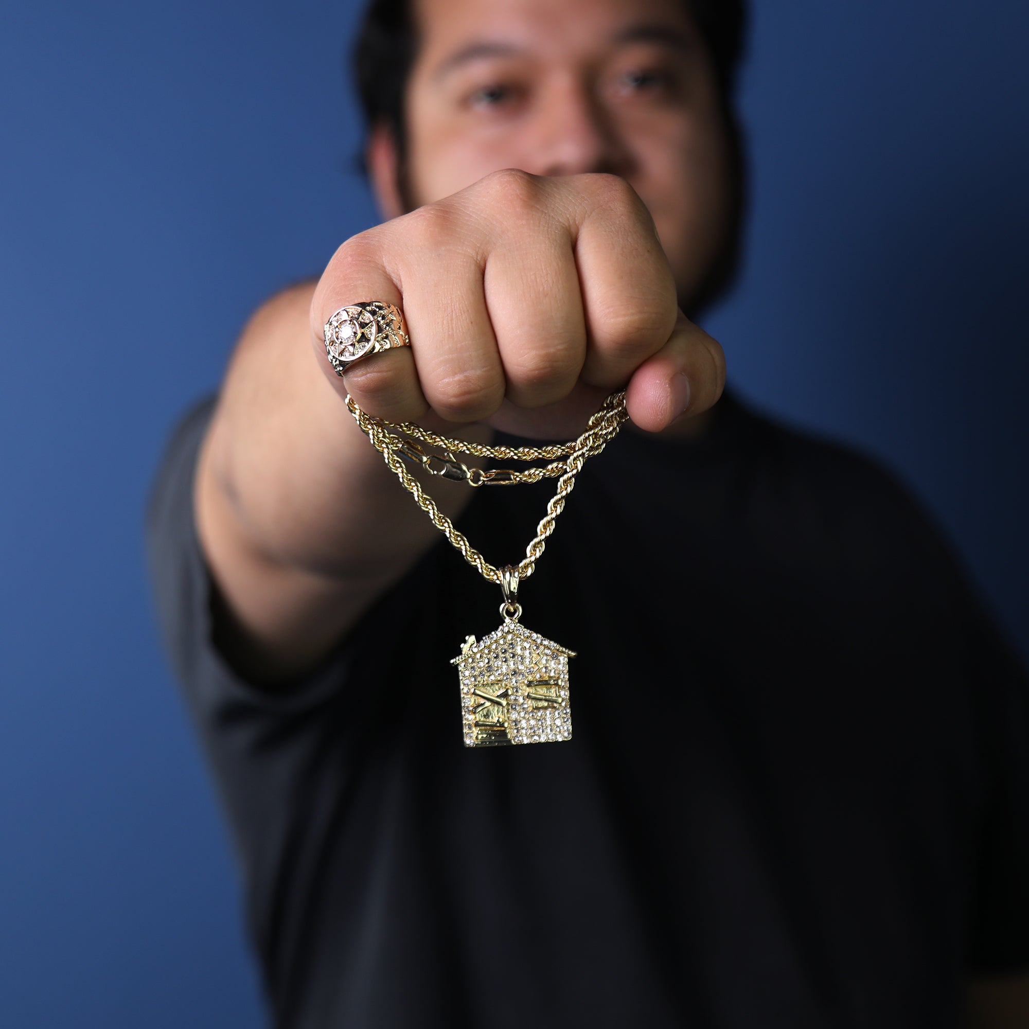 Bando House Charm Pendant 24" Rope Chain Hip Hop Style 18k Gold Plated Necklace