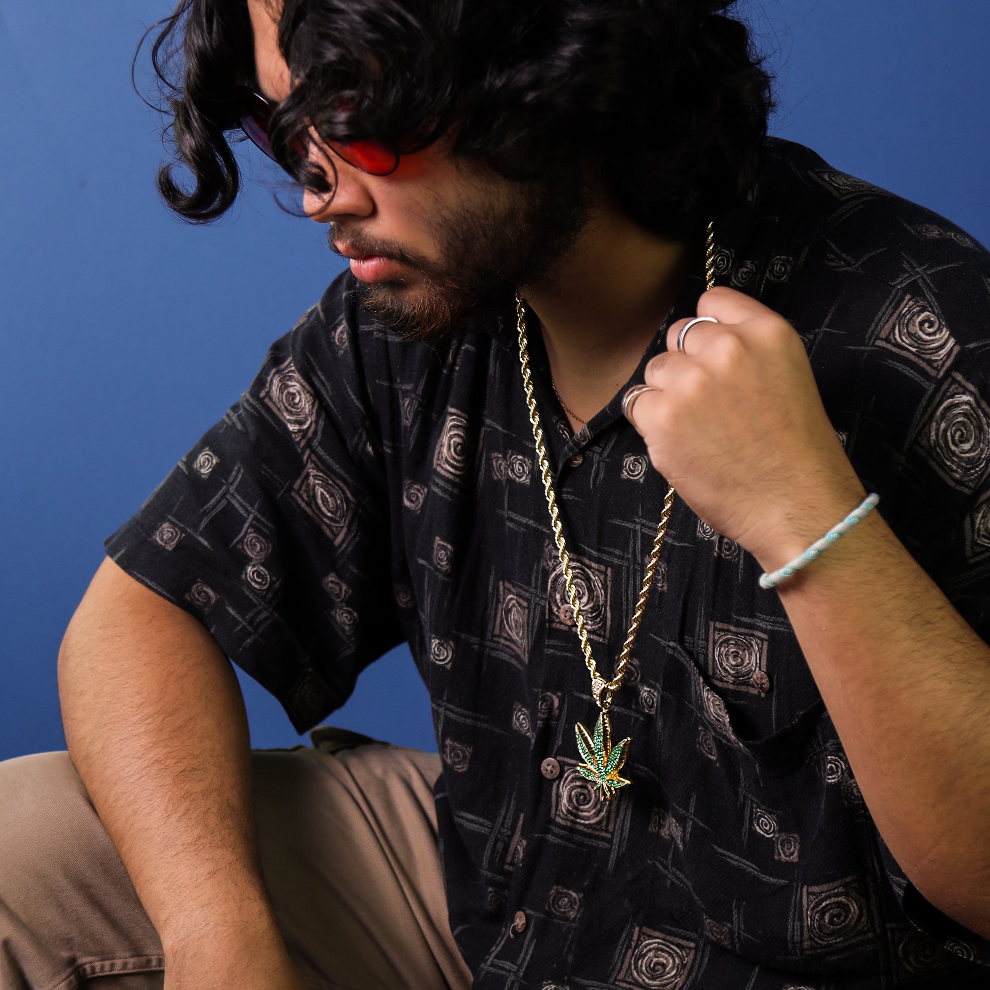 Green Marijuana Leaf Pendant 30" Rope Chain Hip Hop Style 18k Gold Plated