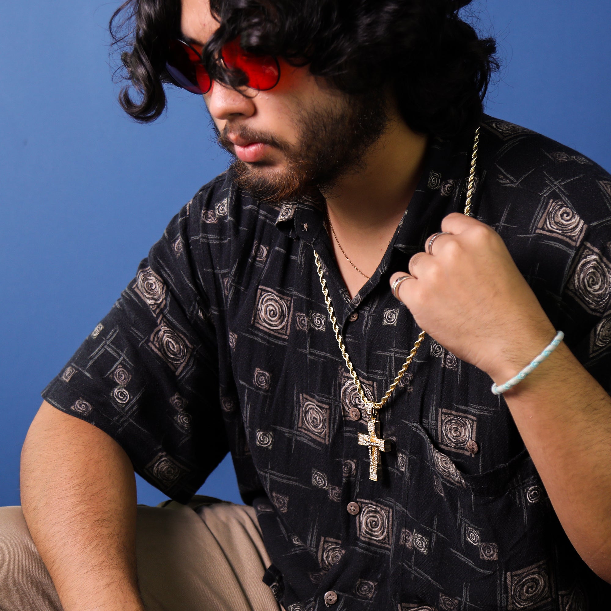 Two Cross Curved Pendant 30" Rope Chain Hip Hop Style 18k Gold Plated