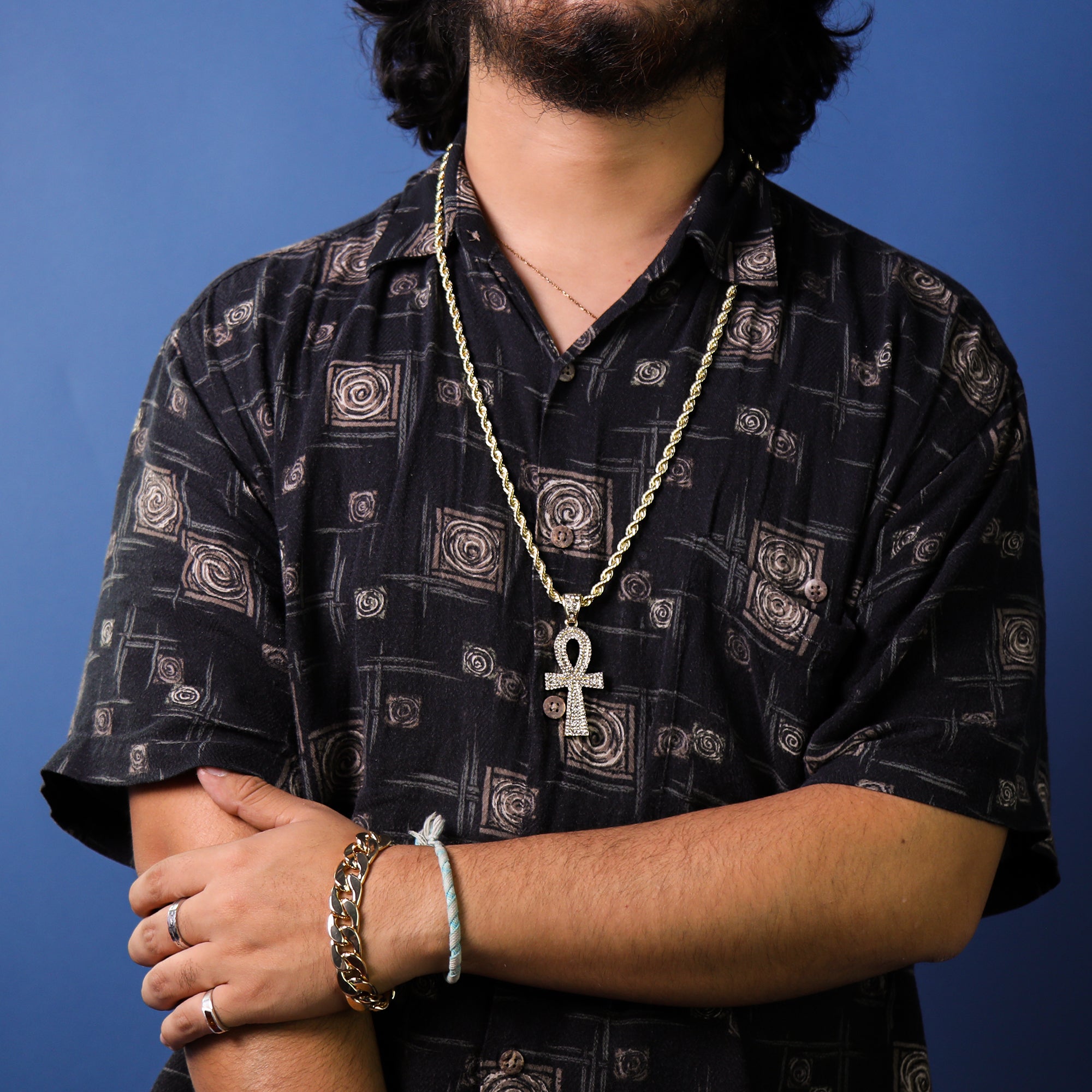 Ankh Iced Out Pendant 30" Rope Chain Hip Hop Style 18k Gold Plated