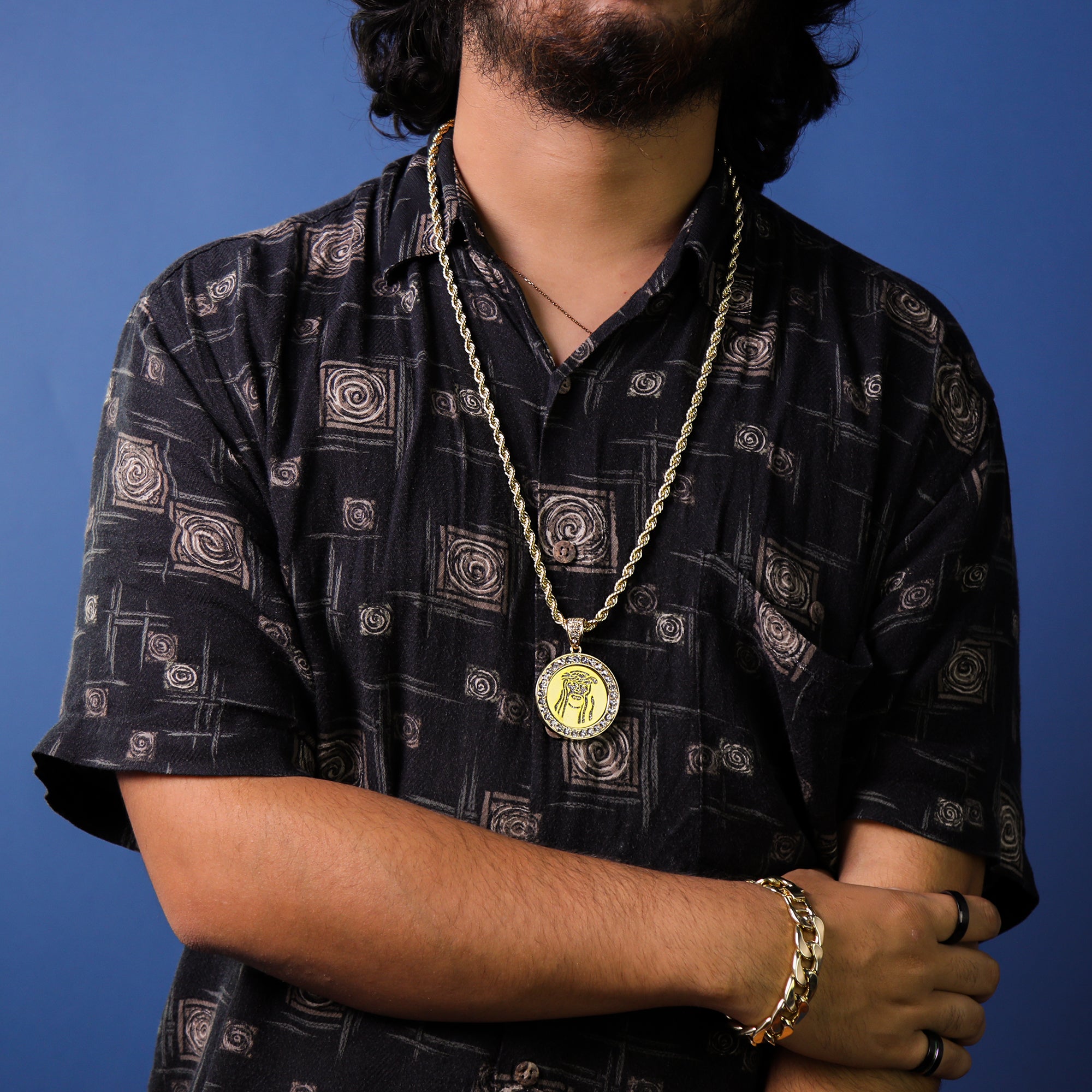 Medallion Jesus Face Pendant 30" Rope Chain Hip Hop Style 18k Gold Plated
