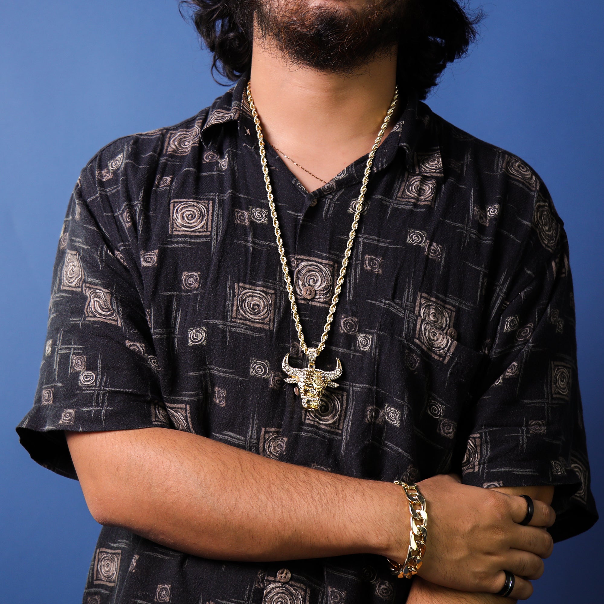 Bull Iced Out Pendant 30" Rope Chain Hip Hop Style 18k Gold Plated
