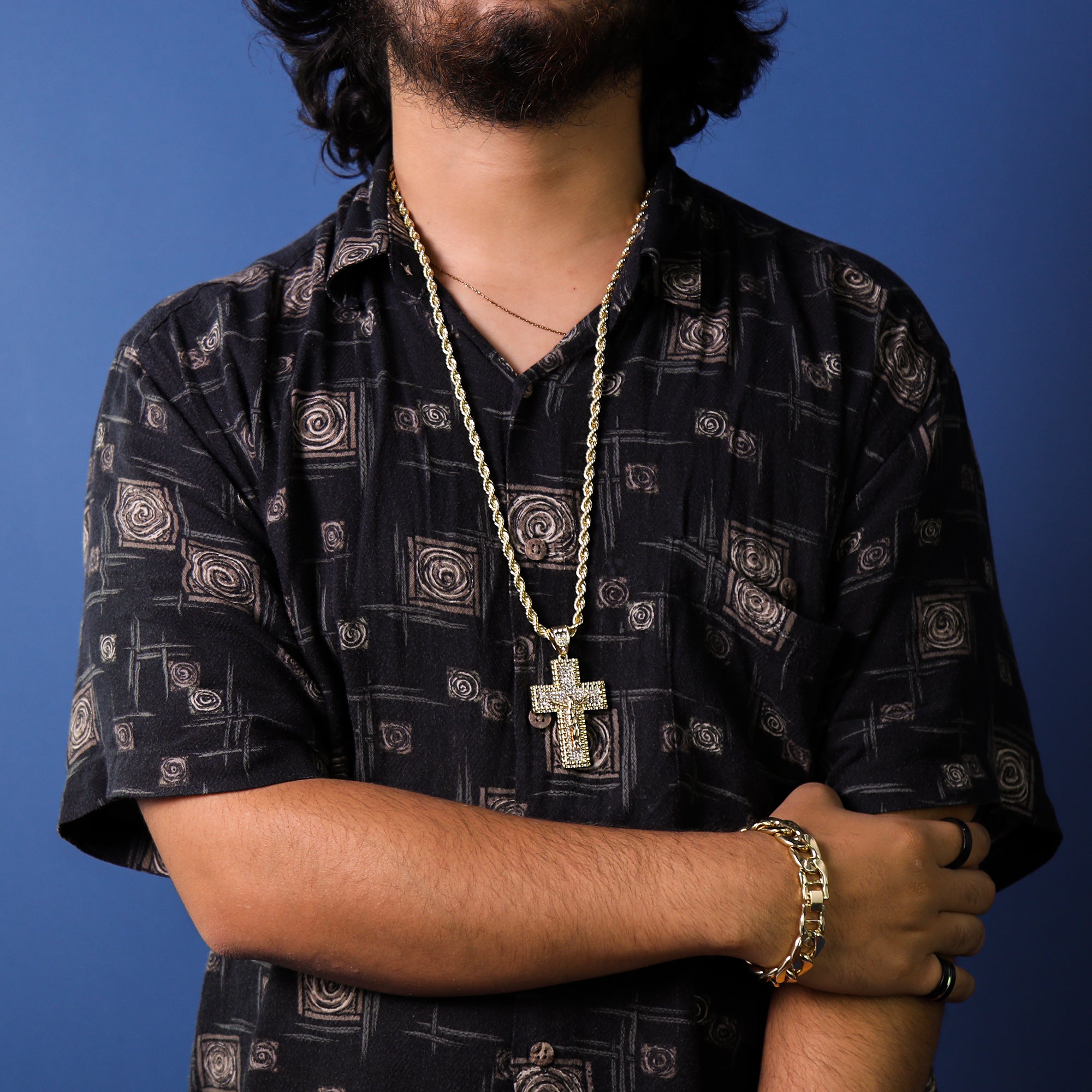 M1 Jesus Cross Pendant 30" Rope Chain Hip Hop Style 18k Gold Plated