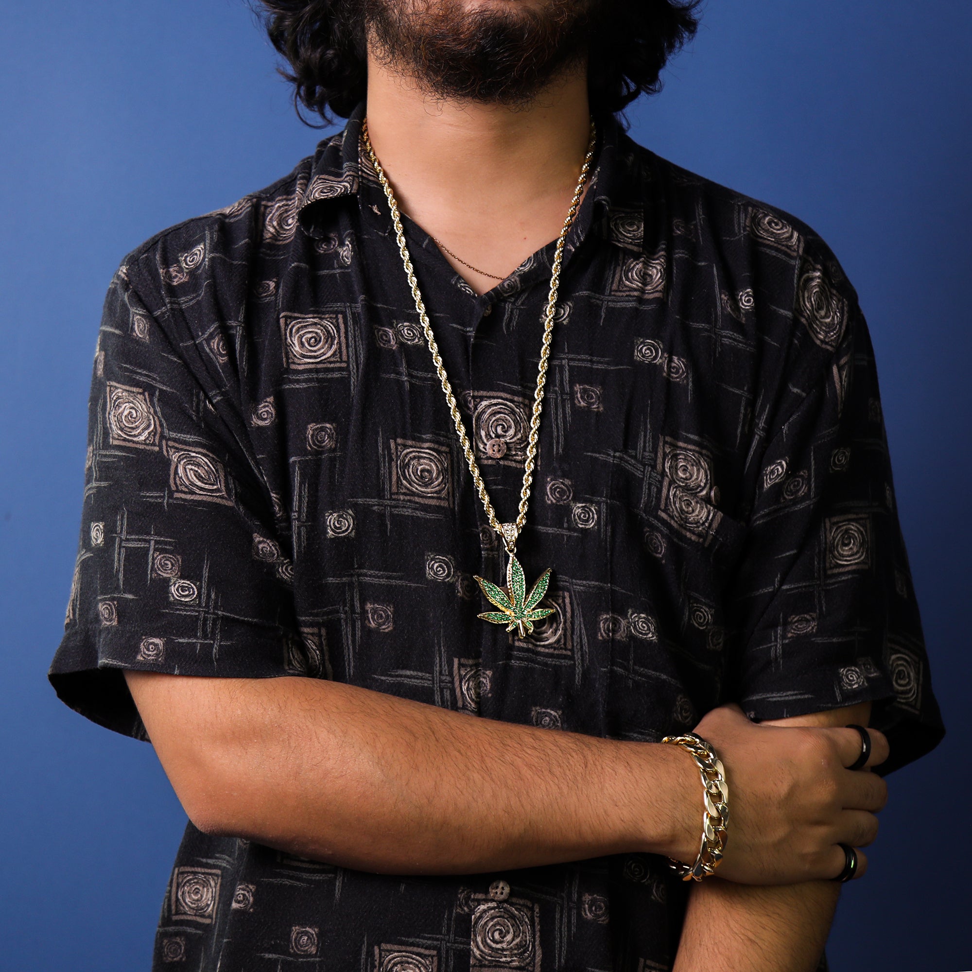 Green Marijuana Leaf Pendant 30" Rope Chain Hip Hop Style 18k Gold Plated
