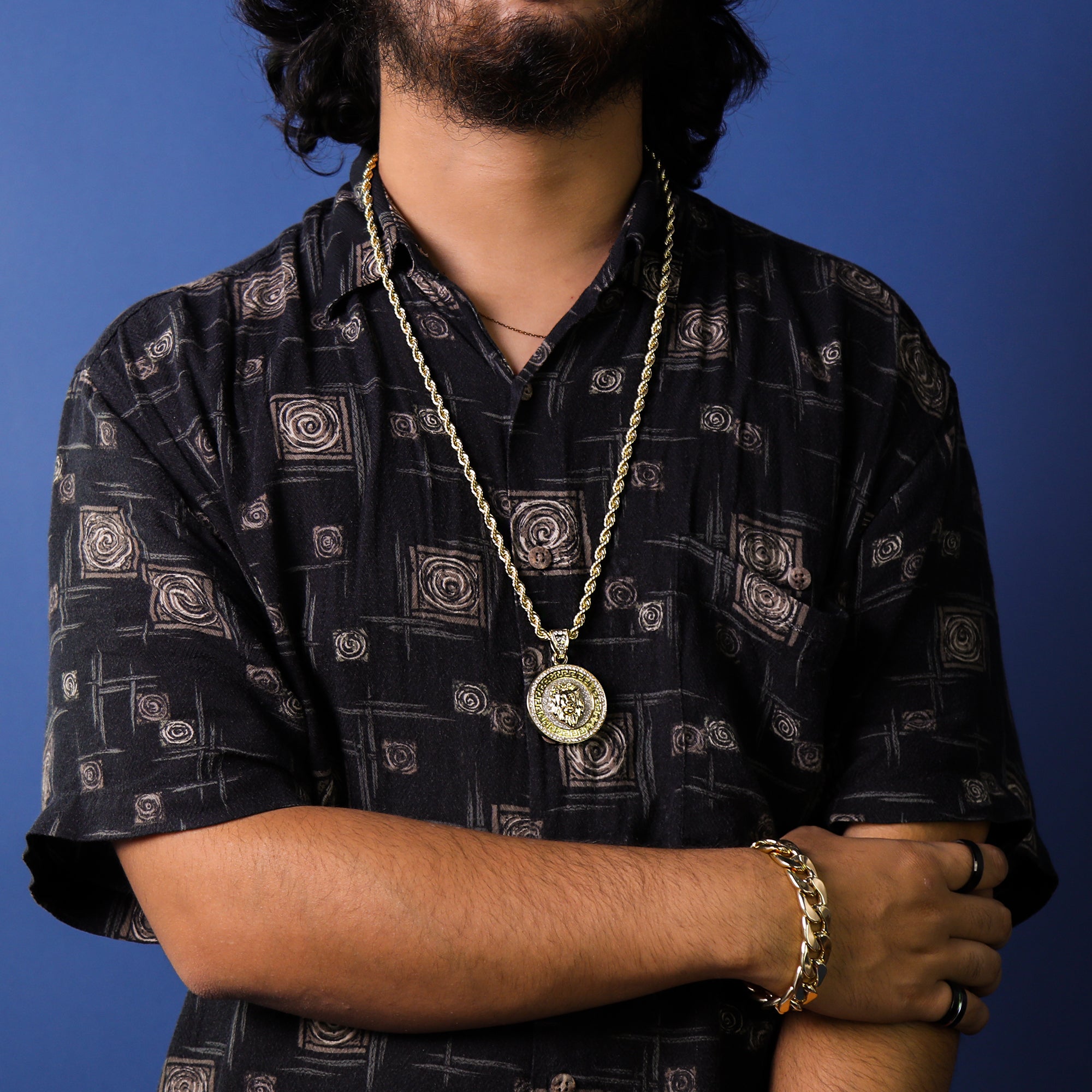 Lion Pattern Coin Pendant 30" Rope Chain Hip Hop Style 18k Gold Plated