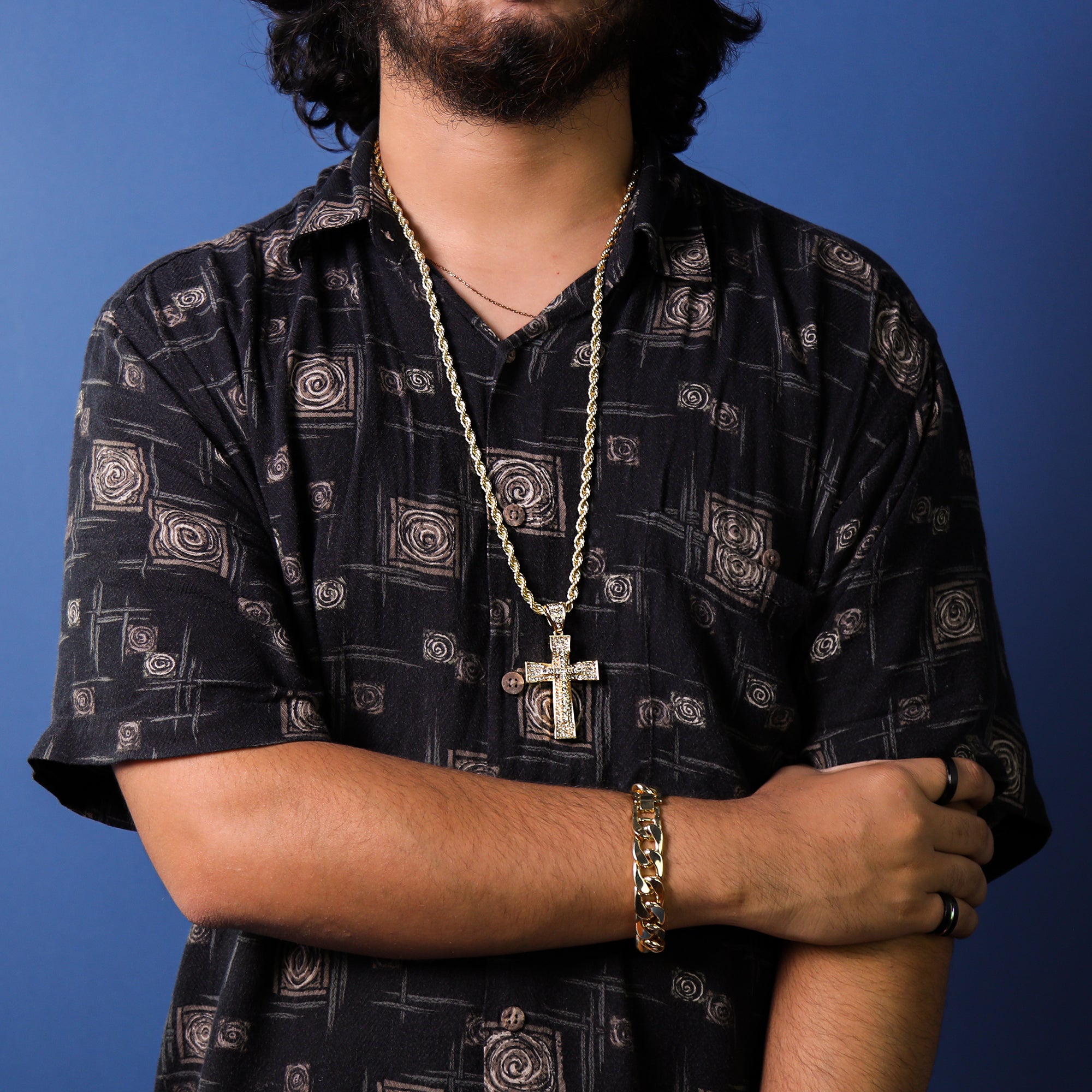 Two Cross Curved Pendant 30" Rope Chain Hip Hop Style 18k Gold Plated