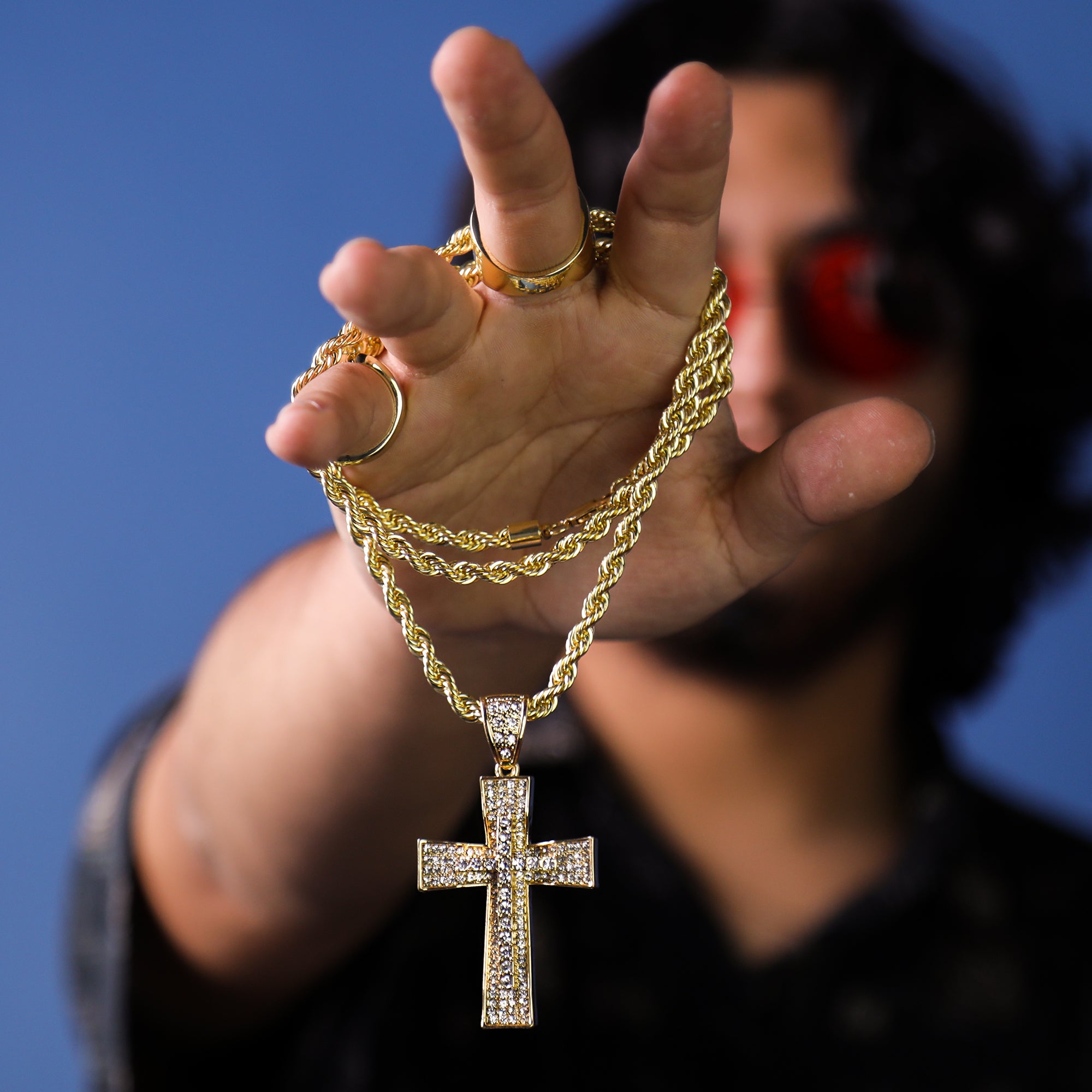 Two Cross Curved Pendant 30" Rope Chain Hip Hop Style 18k Gold Plated