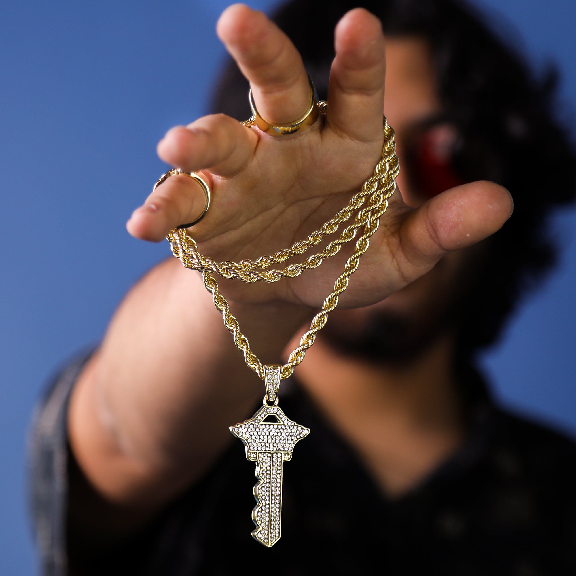 Iced Master Key Pendant 30" Rope Chain Hip Hop Style 18k Gold Plated