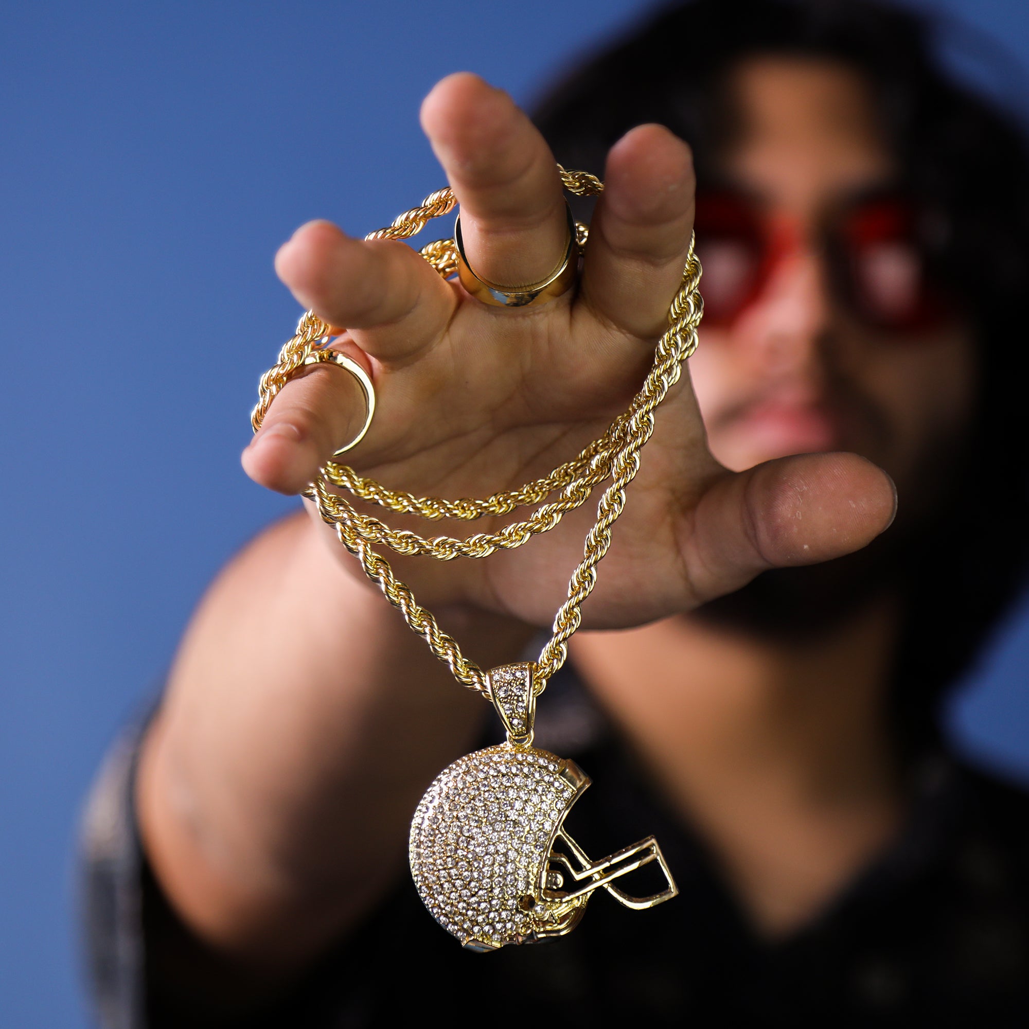 Iced Football Helmet Pendant 30" Rope Chain Hip Hop Style 18k Gold Plated