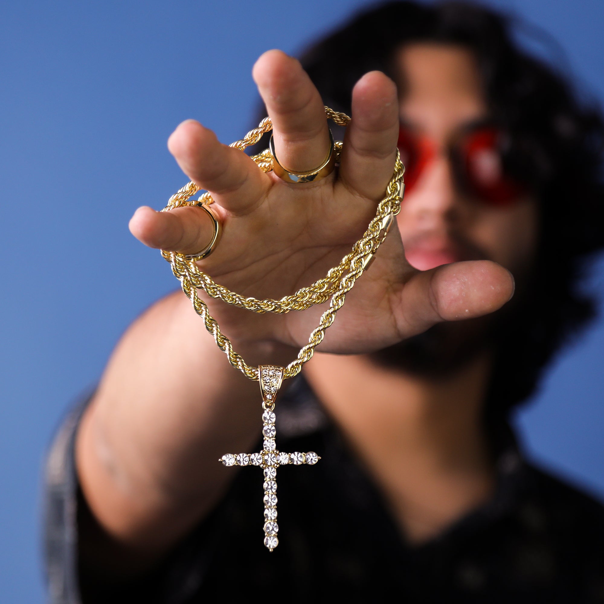Stone Cross Pendant 30" Rope Chain Hip Hop Style 18k Gold Plated