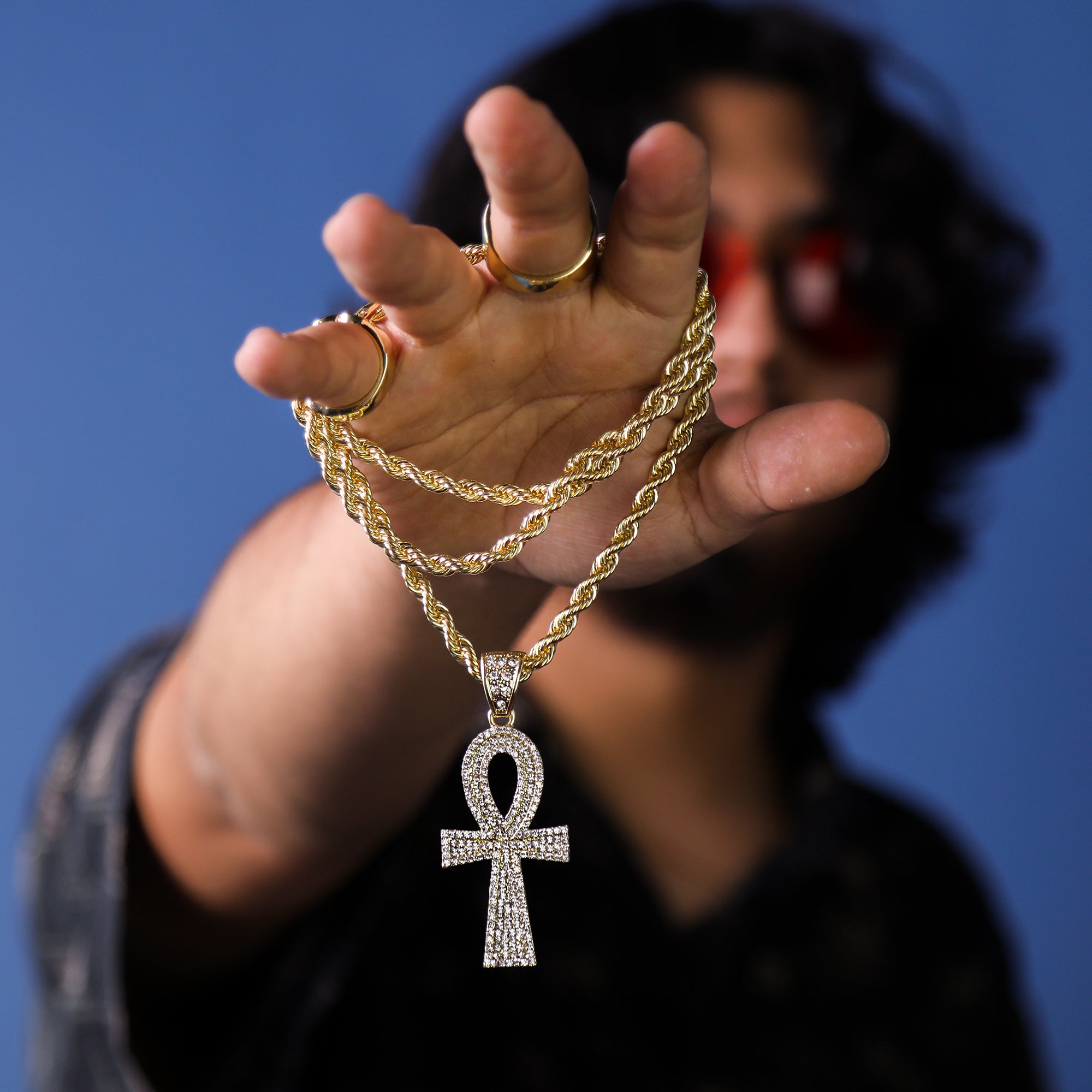 Ankh Iced Out Pendant 30" Rope Chain Hip Hop Style 18k Gold Plated