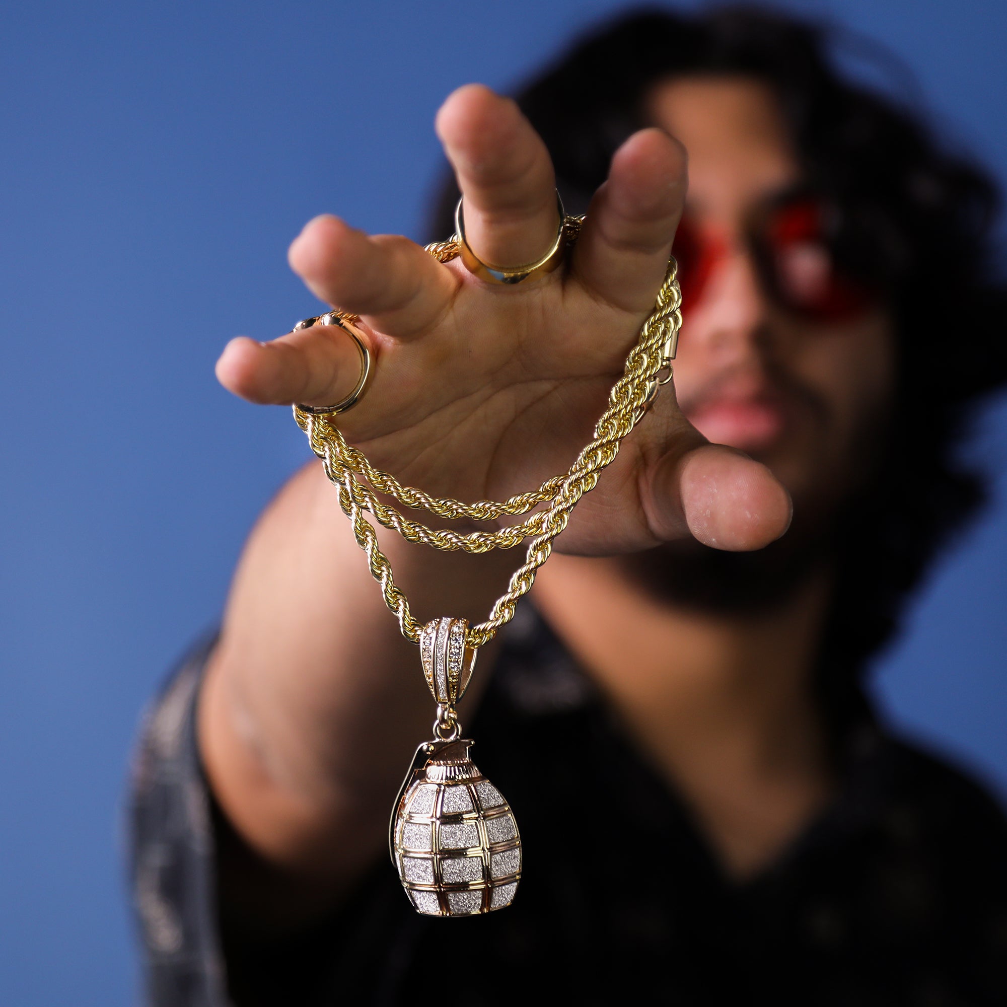 Silver Stardust Grenade Pendant 30" Rope Chain Hip Hop Style 18k Gold Plated