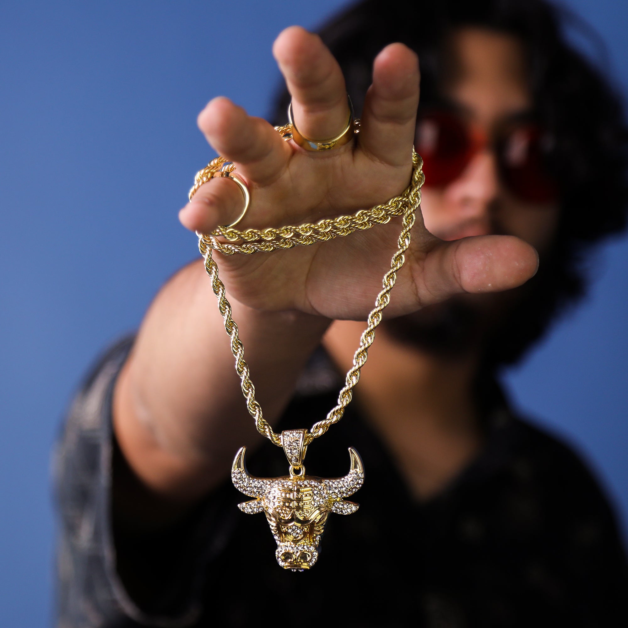Bull Iced Out Pendant 30" Rope Chain Hip Hop Style 18k Gold Plated