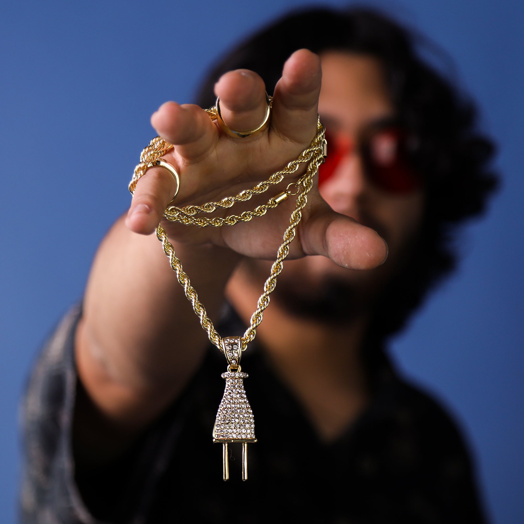 Ice Plug Pendant 30" Rope Chain Hip Hop Style 18k Gold Plated