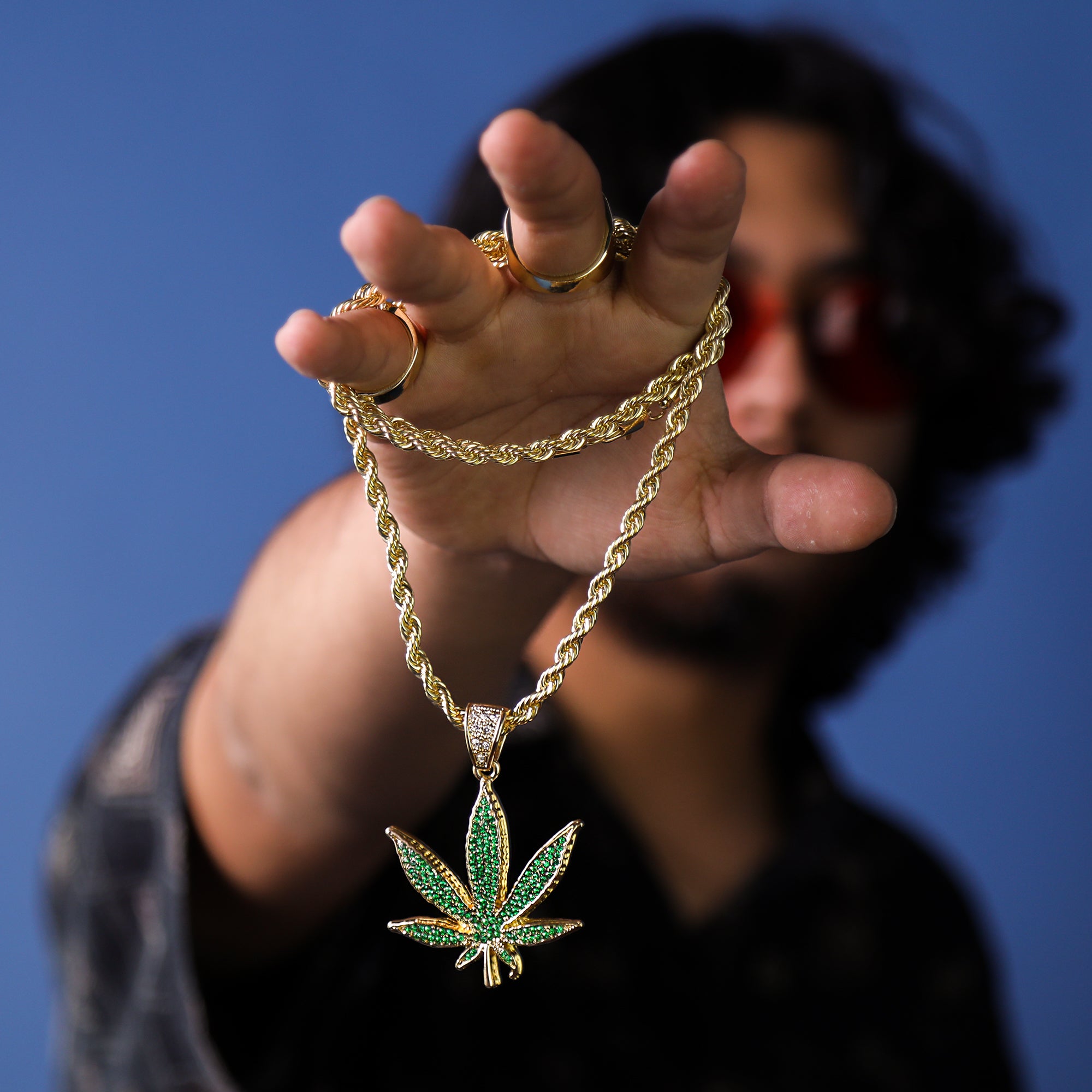 Green Marijuana Leaf Pendant 30" Rope Chain Hip Hop Style 18k Gold Plated