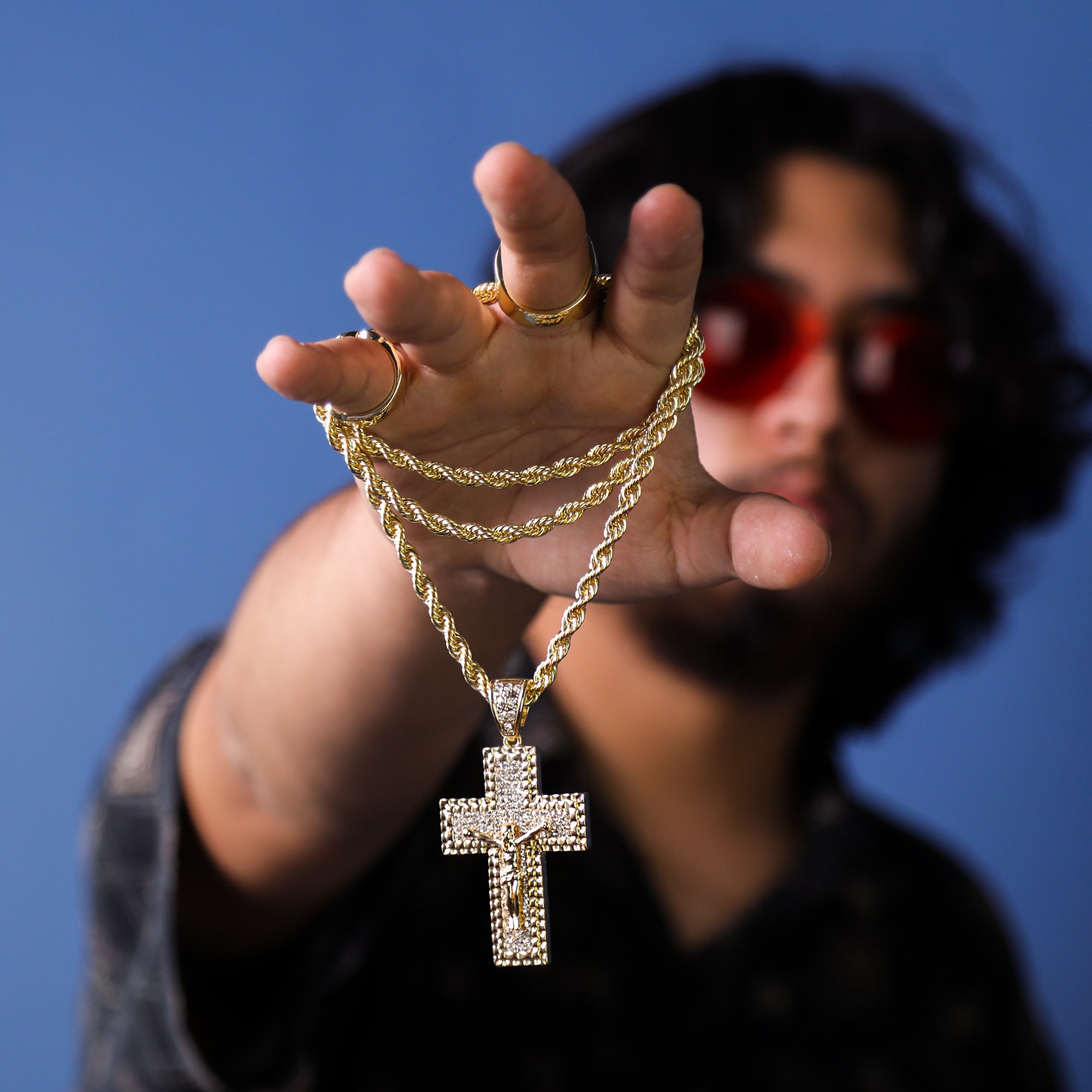 M1 Jesus Cross Pendant 30" Rope Chain Hip Hop Style 18k Gold Plated