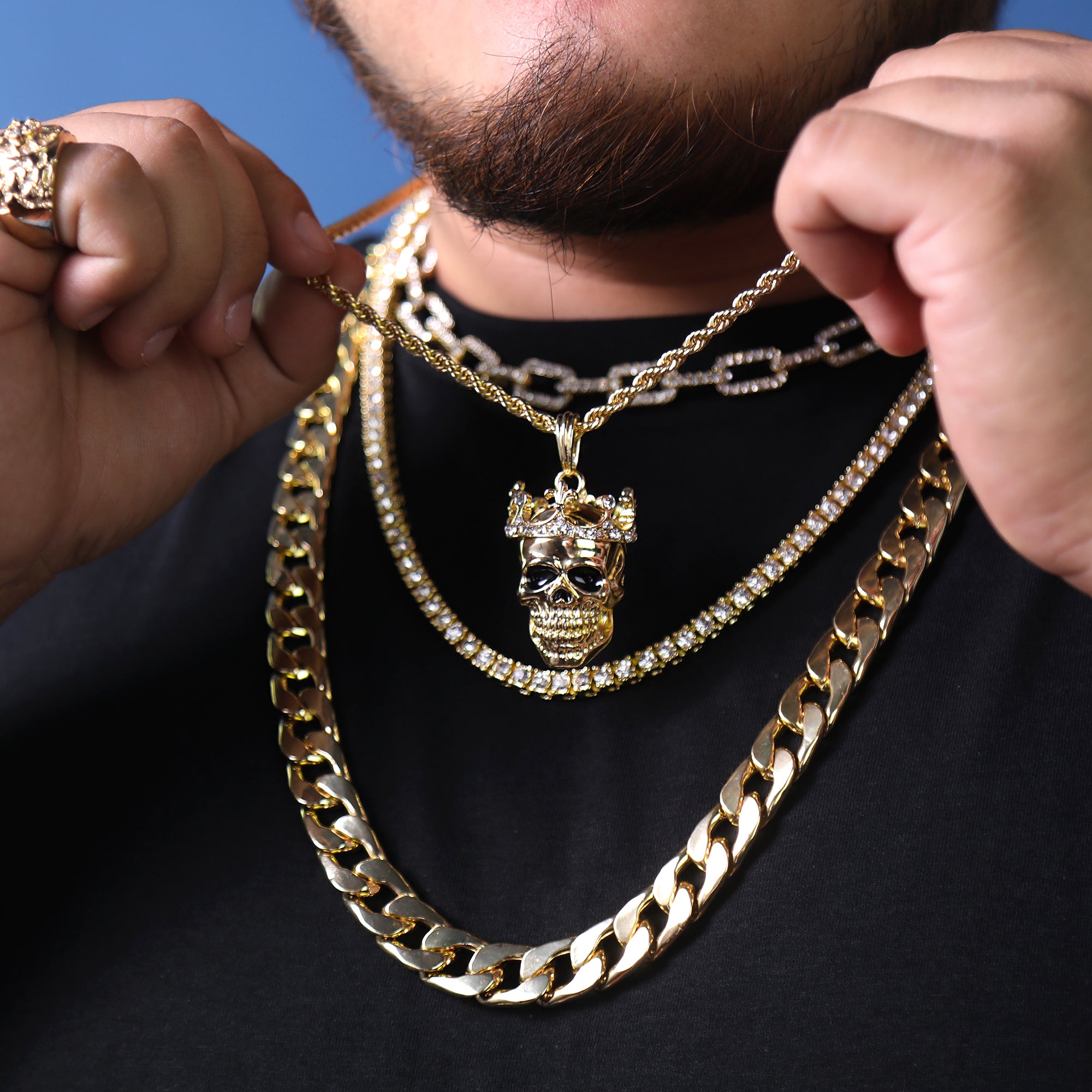 Skull Head Crown Pendant 24" Rope Chain Hip Hop Style 18k Gold Plated Necklace
