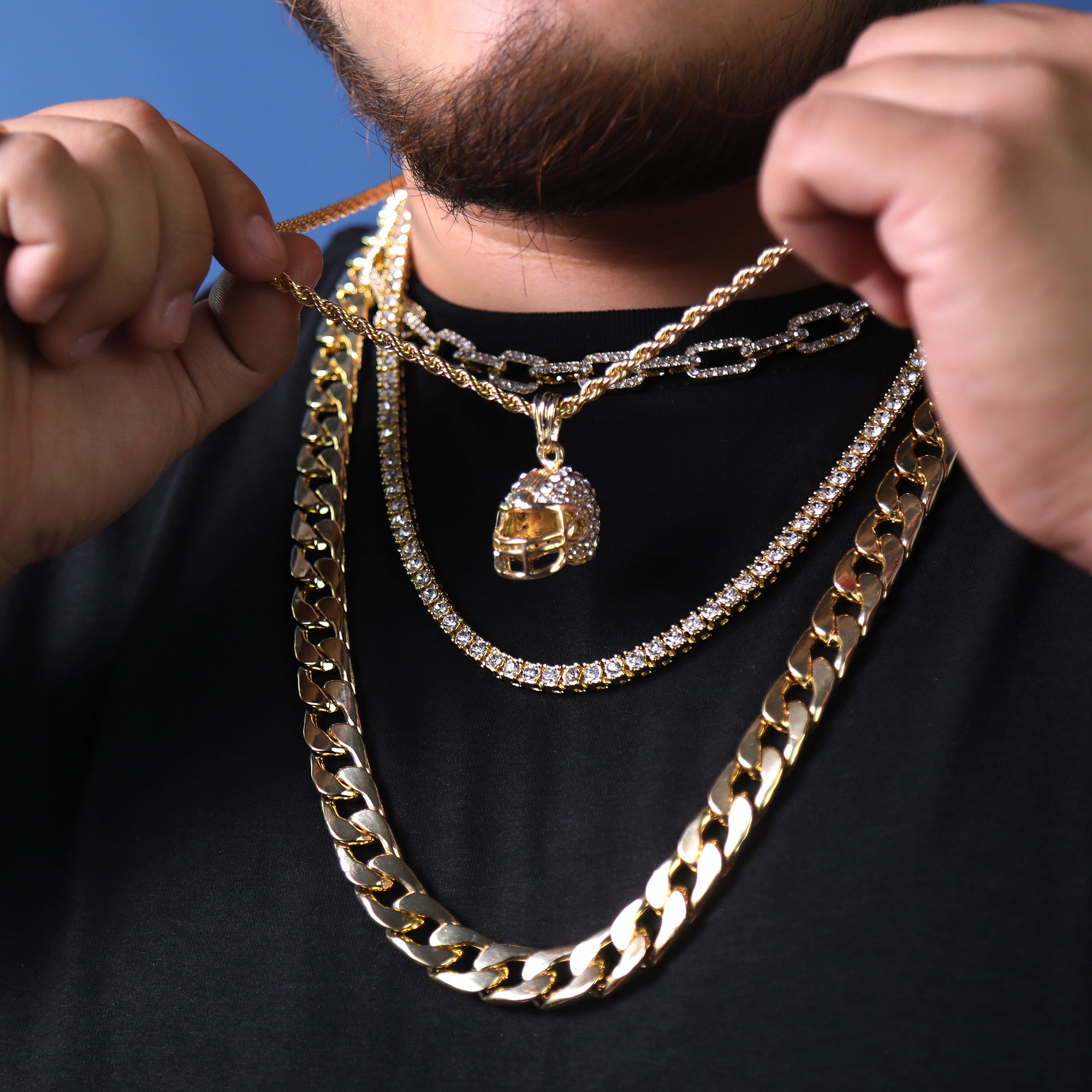 Football Helmet Pendant 24" Rope Chain Hip Hop Style 18k Gold Plated