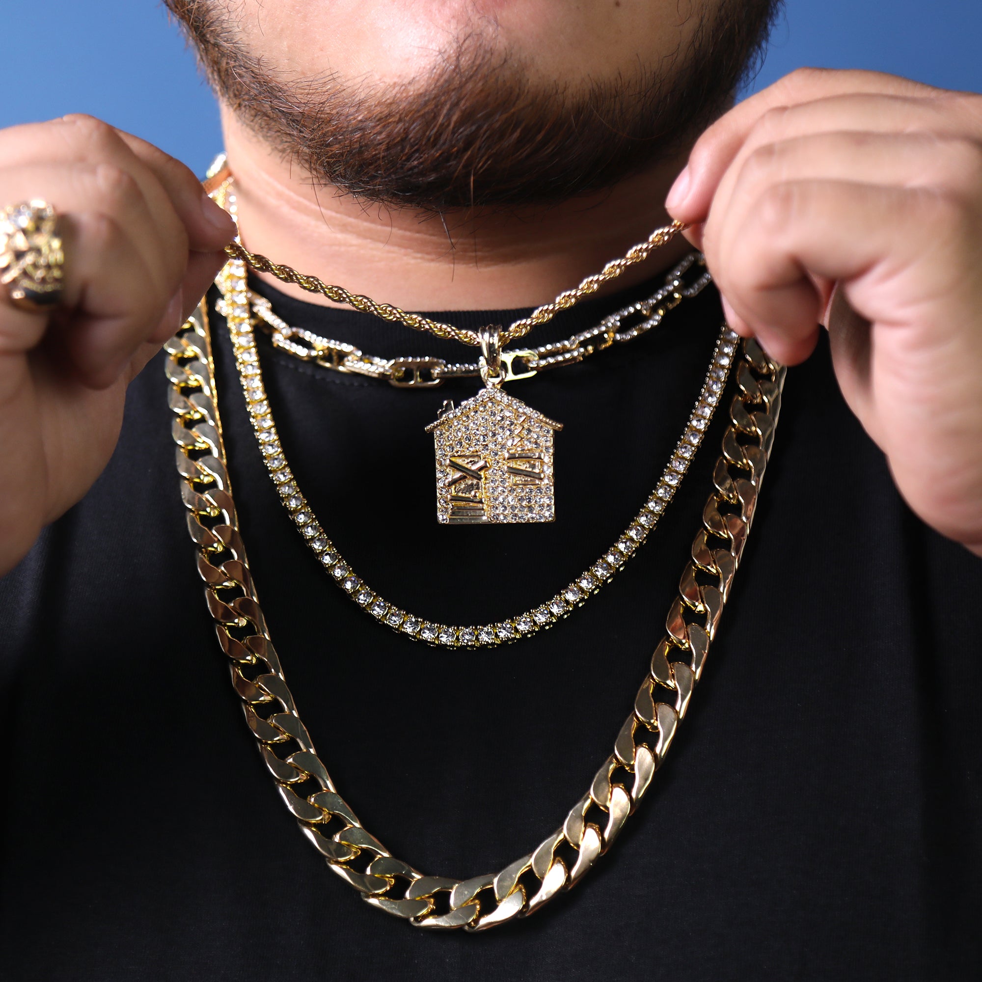 Bando House Charm Pendant 24" Rope Chain Hip Hop Style 18k Gold Plated Necklace