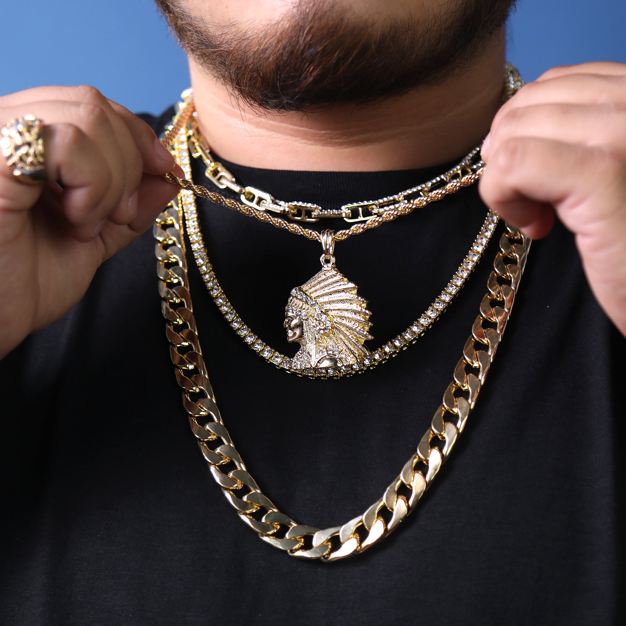 Chief Indian Head Pendant 24" Rope Chain Hip Hop Style 18k Gold Plated Necklace