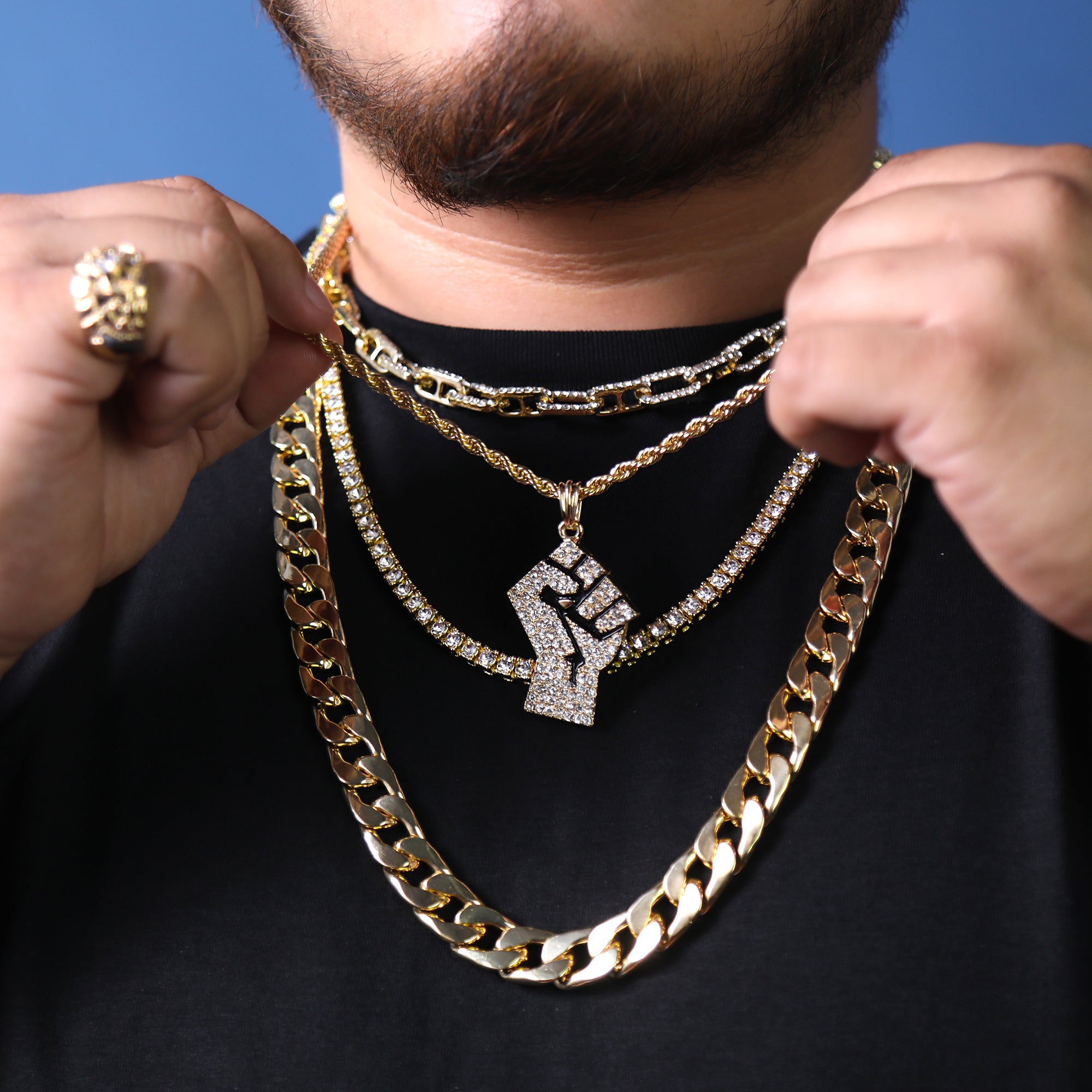 United Fist Pendant 18K 24" Rope Chain Hip Hop Jewelry