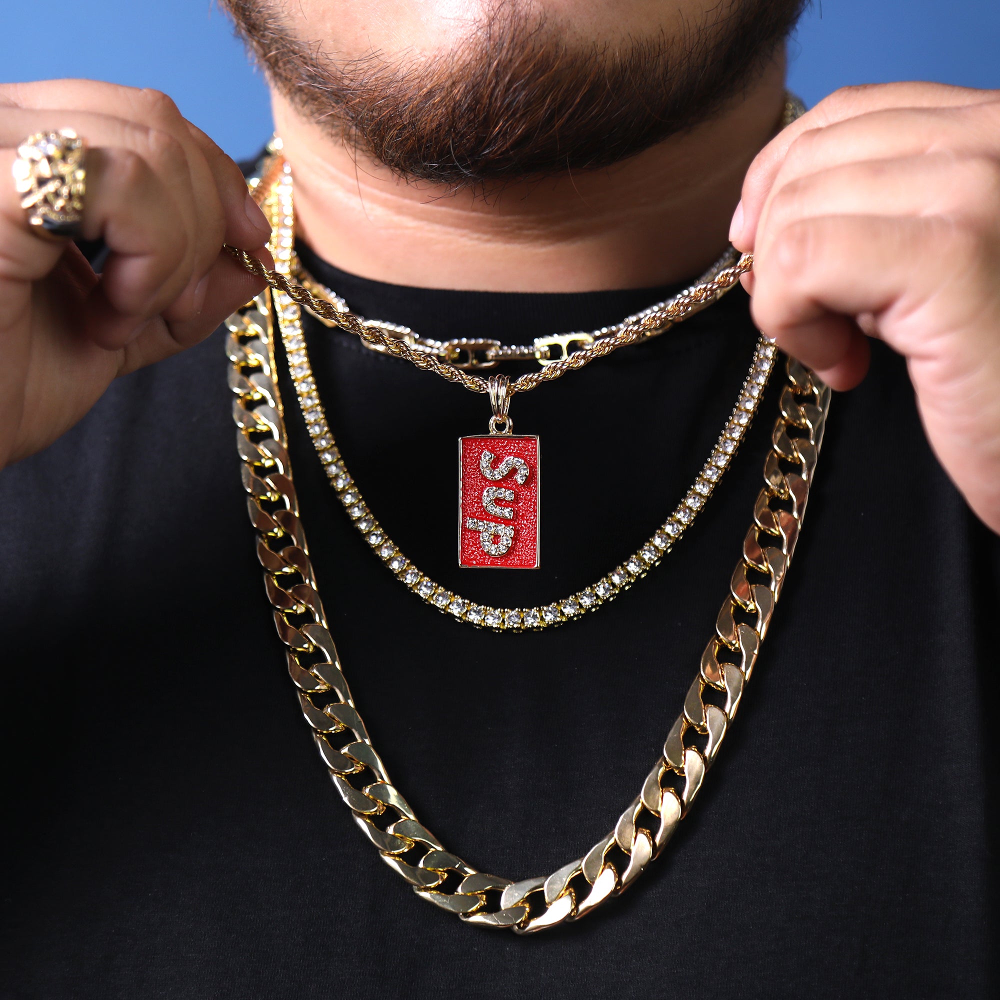 Sup Dog Tag Pendant 24" Rope Chain Hip Hop Style 18k Gold Plated