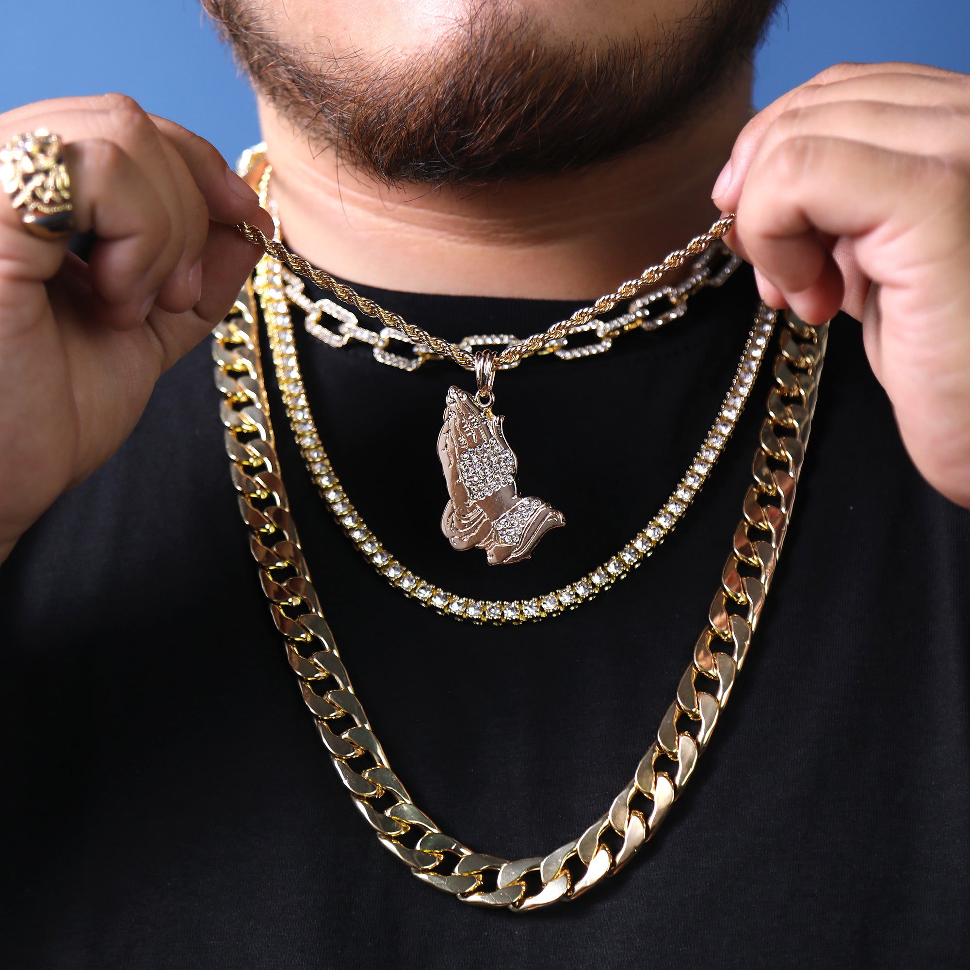 Prayer Hand Cz Pendant 24" Rope Chain Hip Hop Style 18k Gold Plated