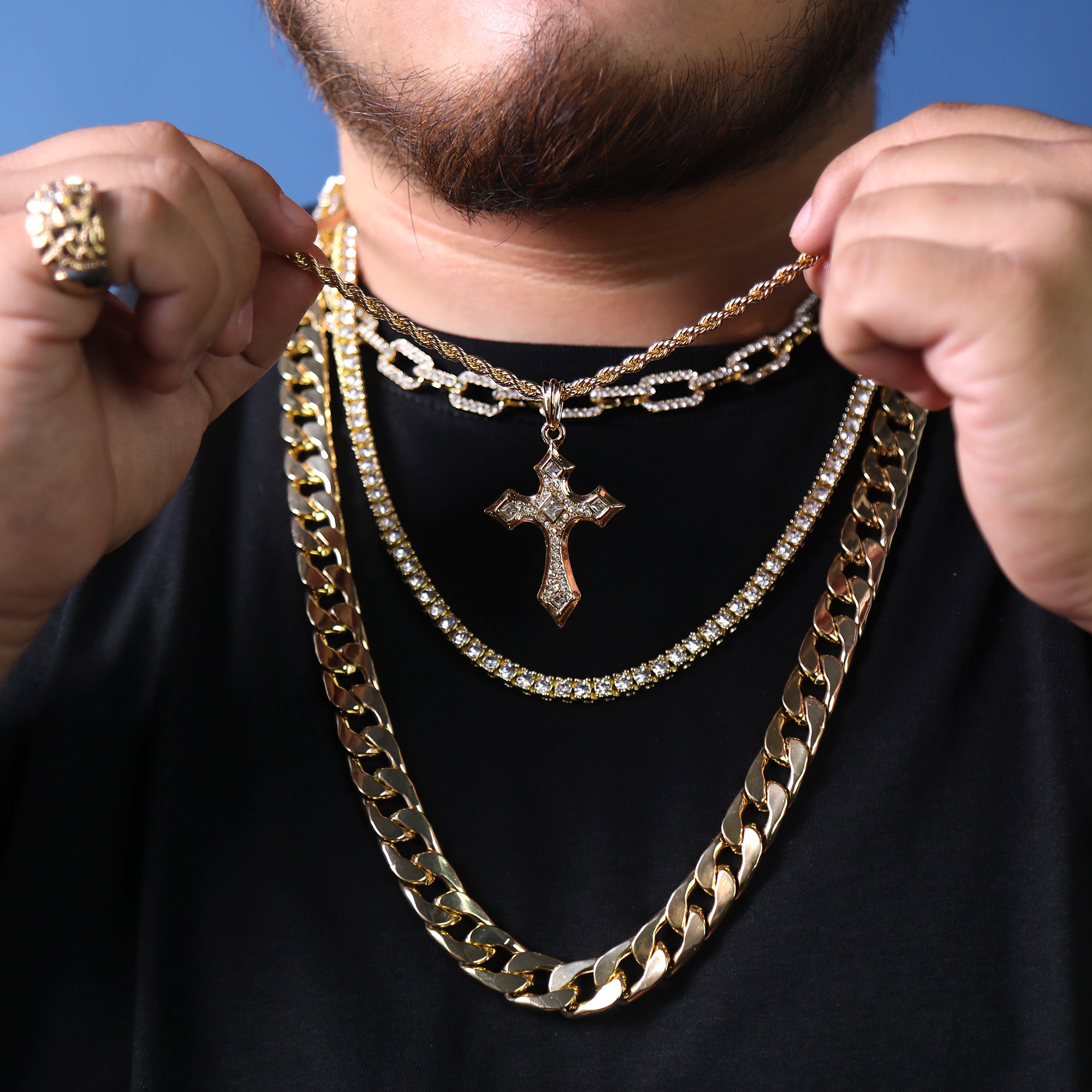 Sharp Edge Cross Pendant 24" Rope Chain Hip Hop Style 18k Gold Plated