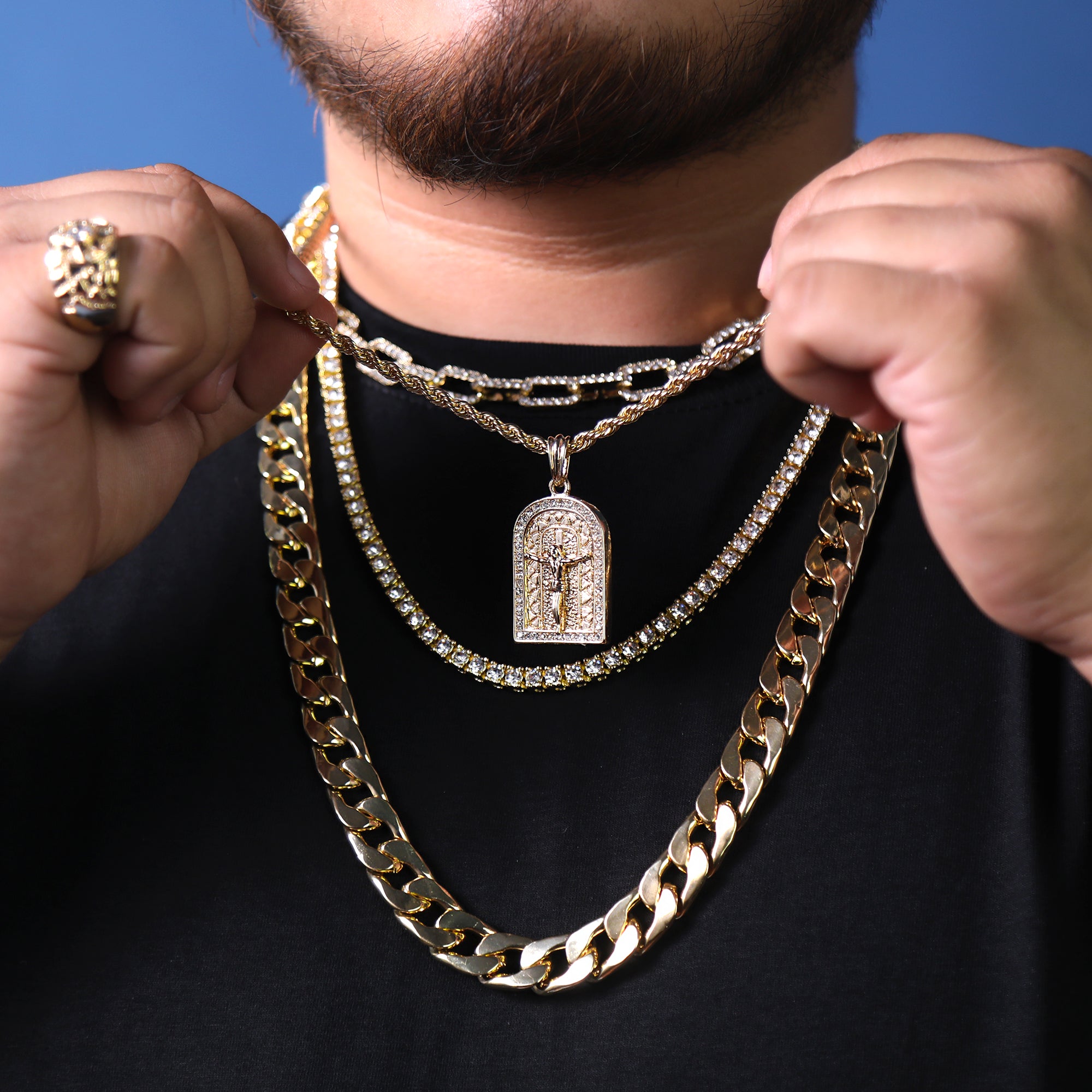 Jesus Crucifix Temple Cz Pendant 24" Rope Chain Hip Hop Style 18k Gold Plated