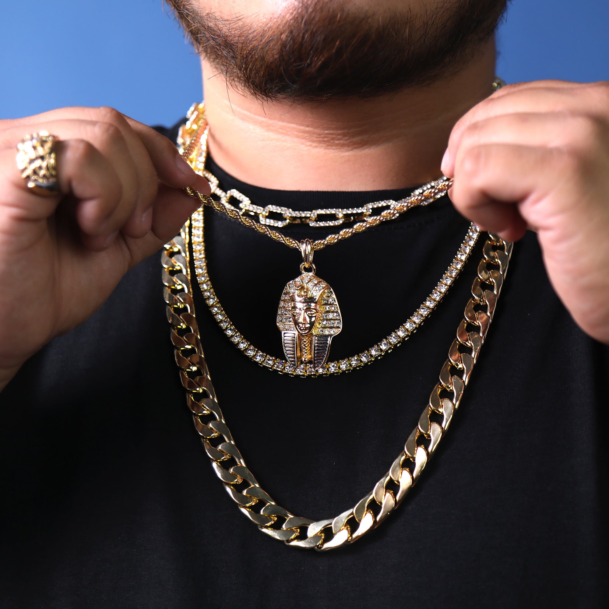 Egyptian Pharaoh King Pendant 24" Rope Chain Hip Hop Style 18k Gold Plated