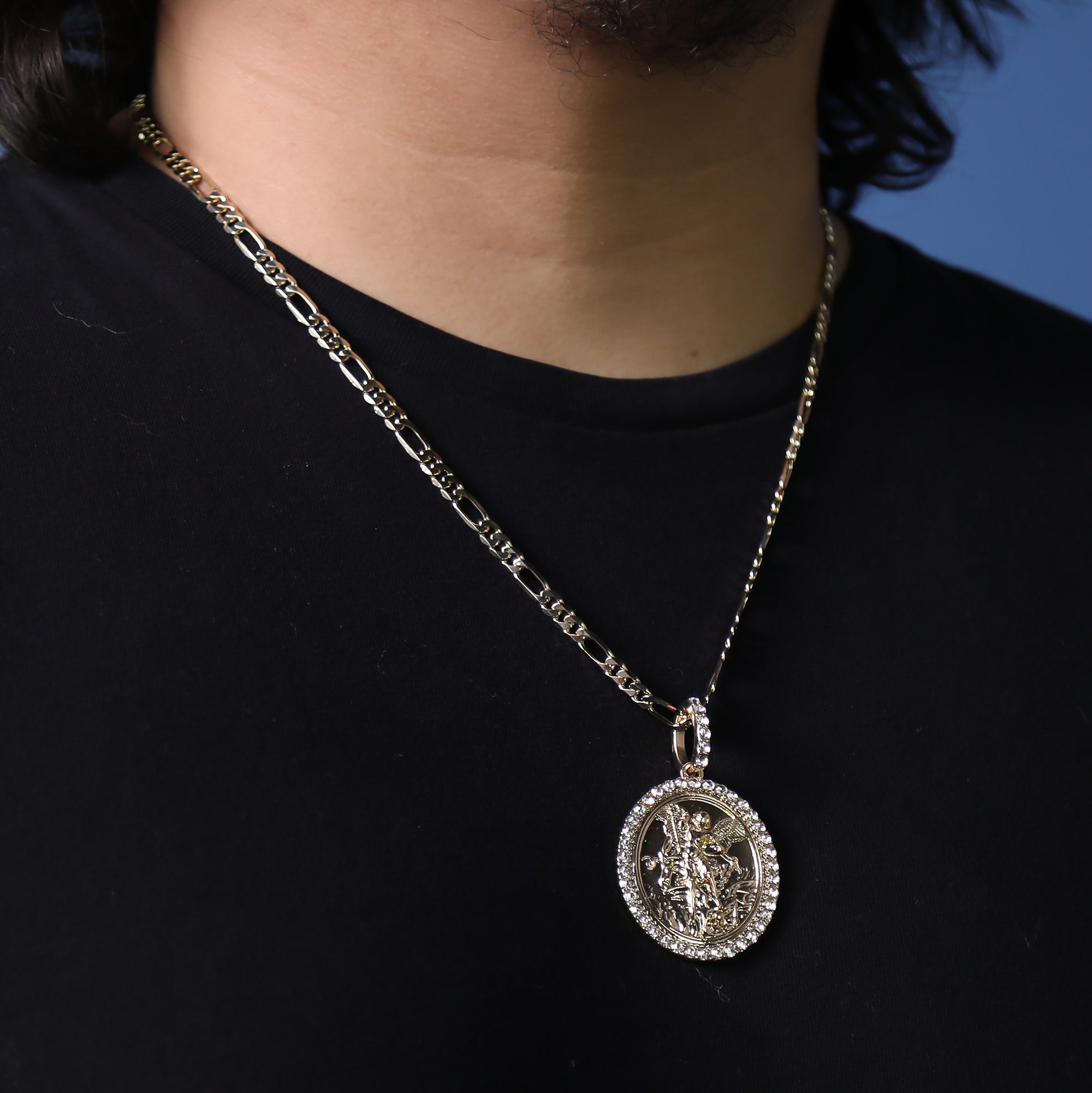 Iced Religious Angel Michael Pendant 24 Figaro Chain Hip Hop 18k Jewelry Necklace