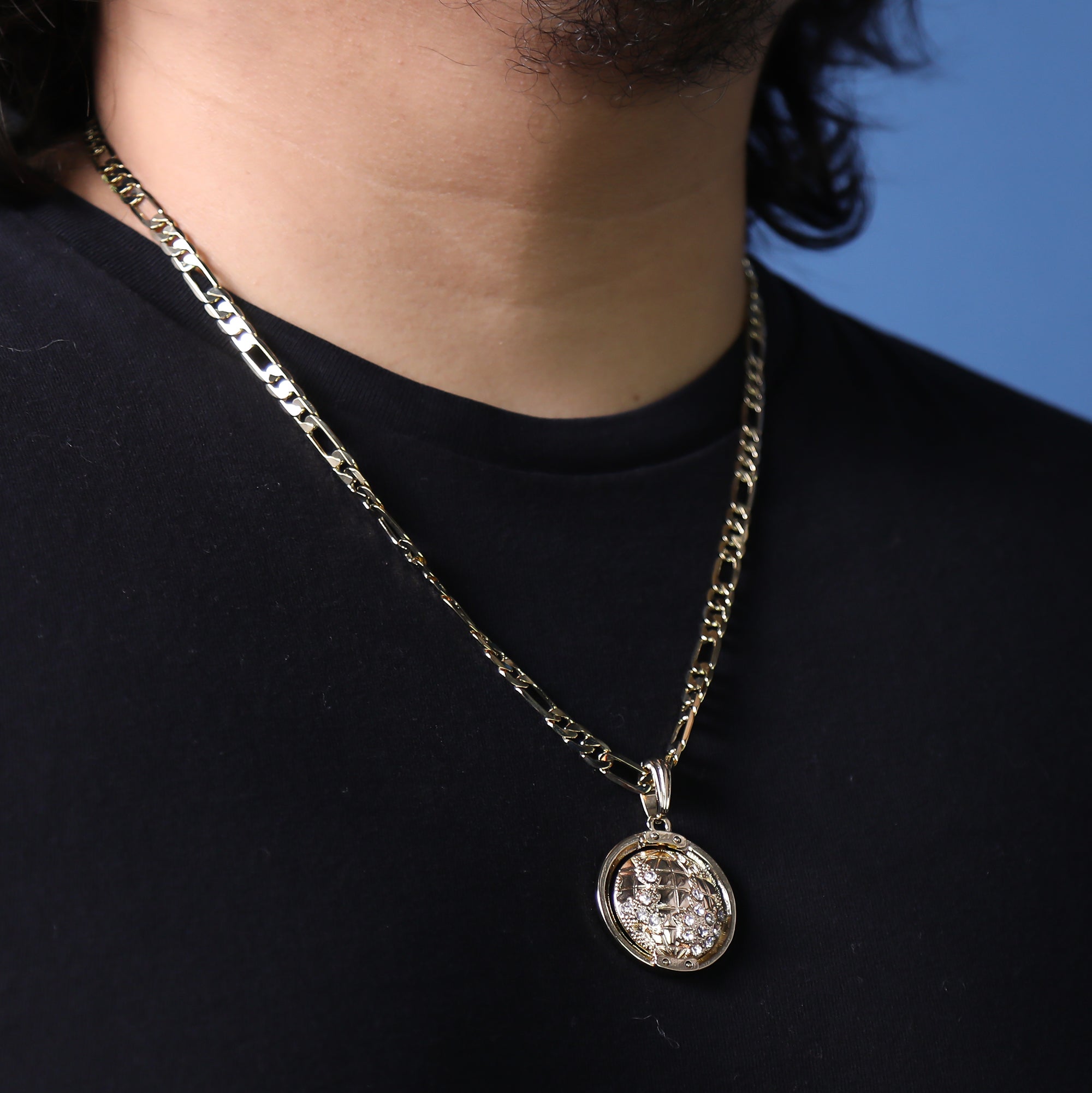 Iced Globe Spinner Pendant 24 Figaro Chain Hip Hop 18k Jewelry Necklace